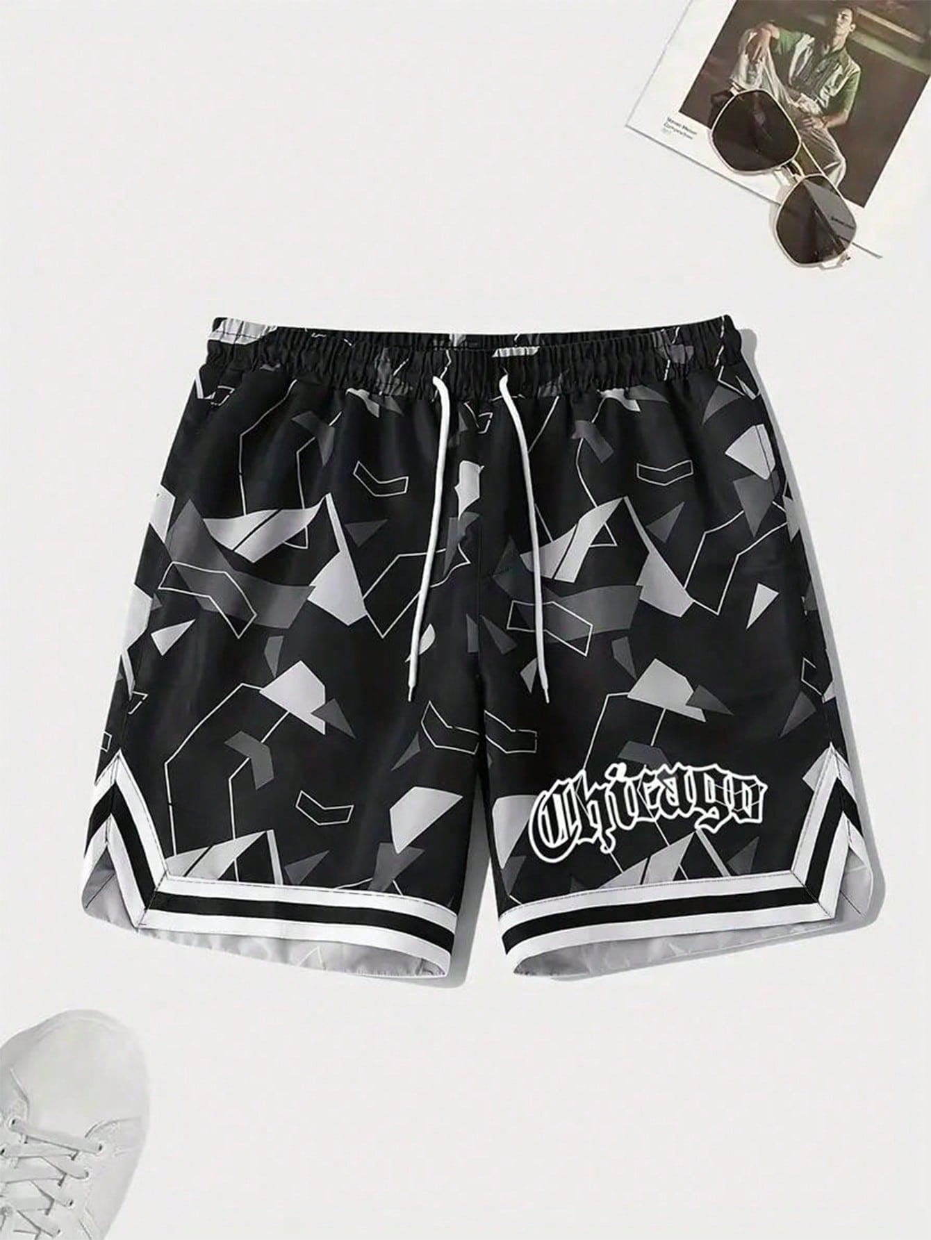 Hombres Shorts deportivos con estampado de letra de color combinado de  cintura con cordón, M…