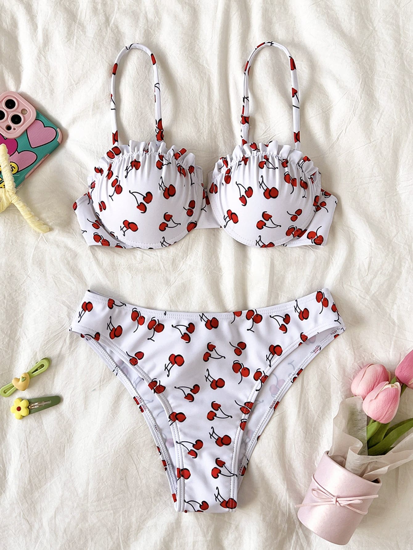 Bañador bikini push up al azar con estampado de cereza ribete fruncido - Imagen 5