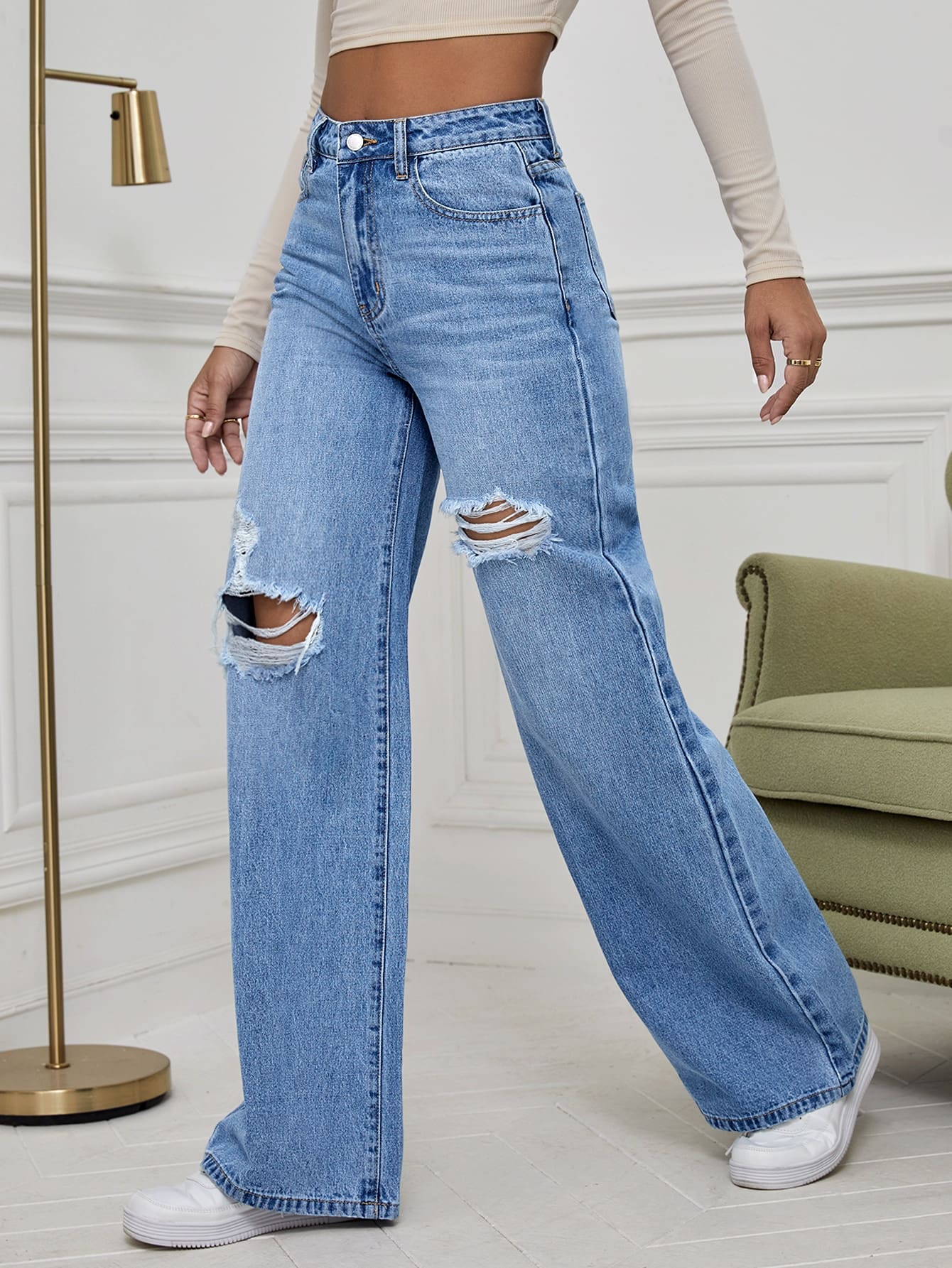 SHEIN EZwear Jeans desgarro de pierna ancha de talle alto - Express  Solutions