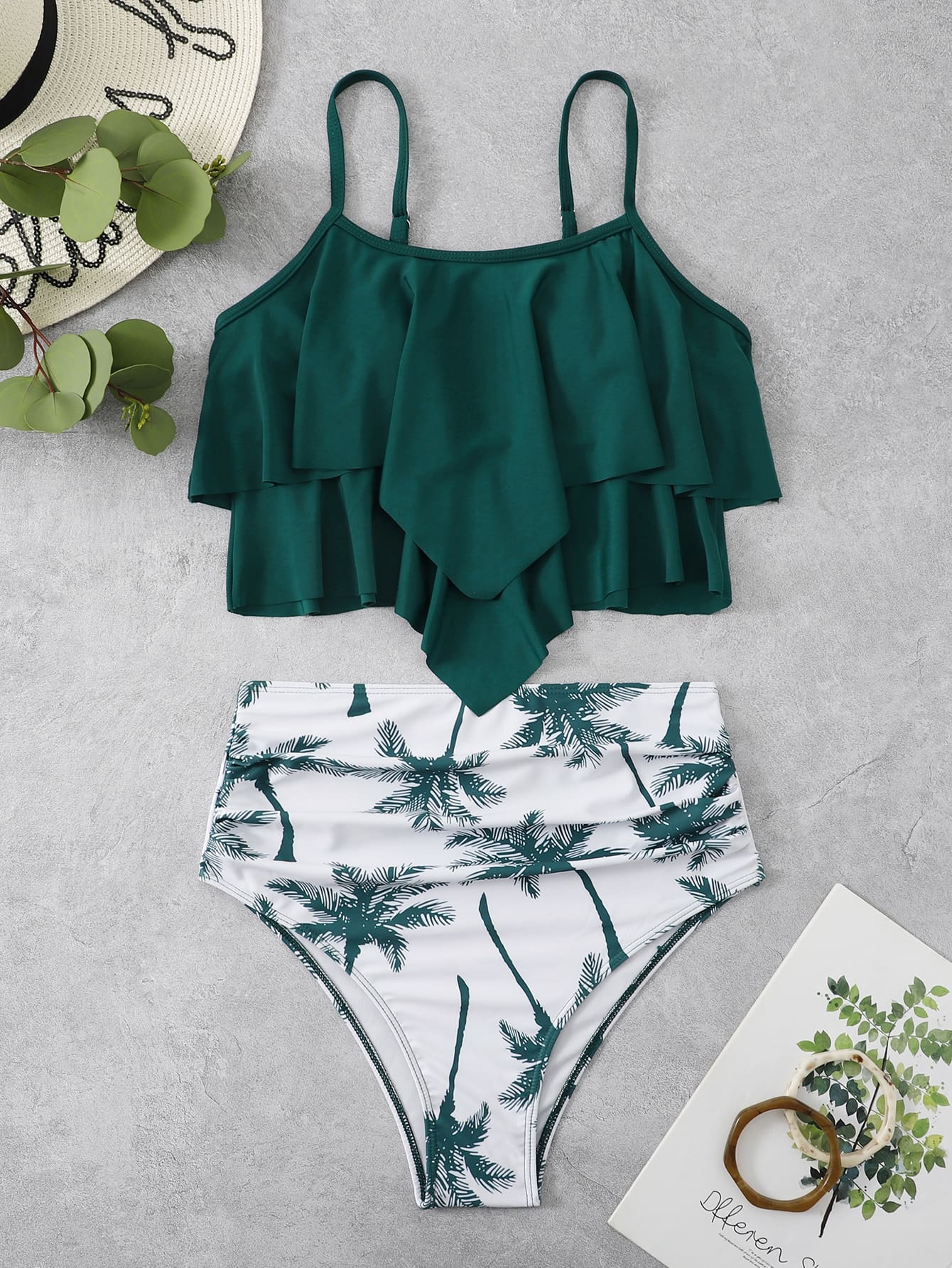 Bañador bikini con estampado tropical bajo hanky fruncido de talle alto - Imagen 5