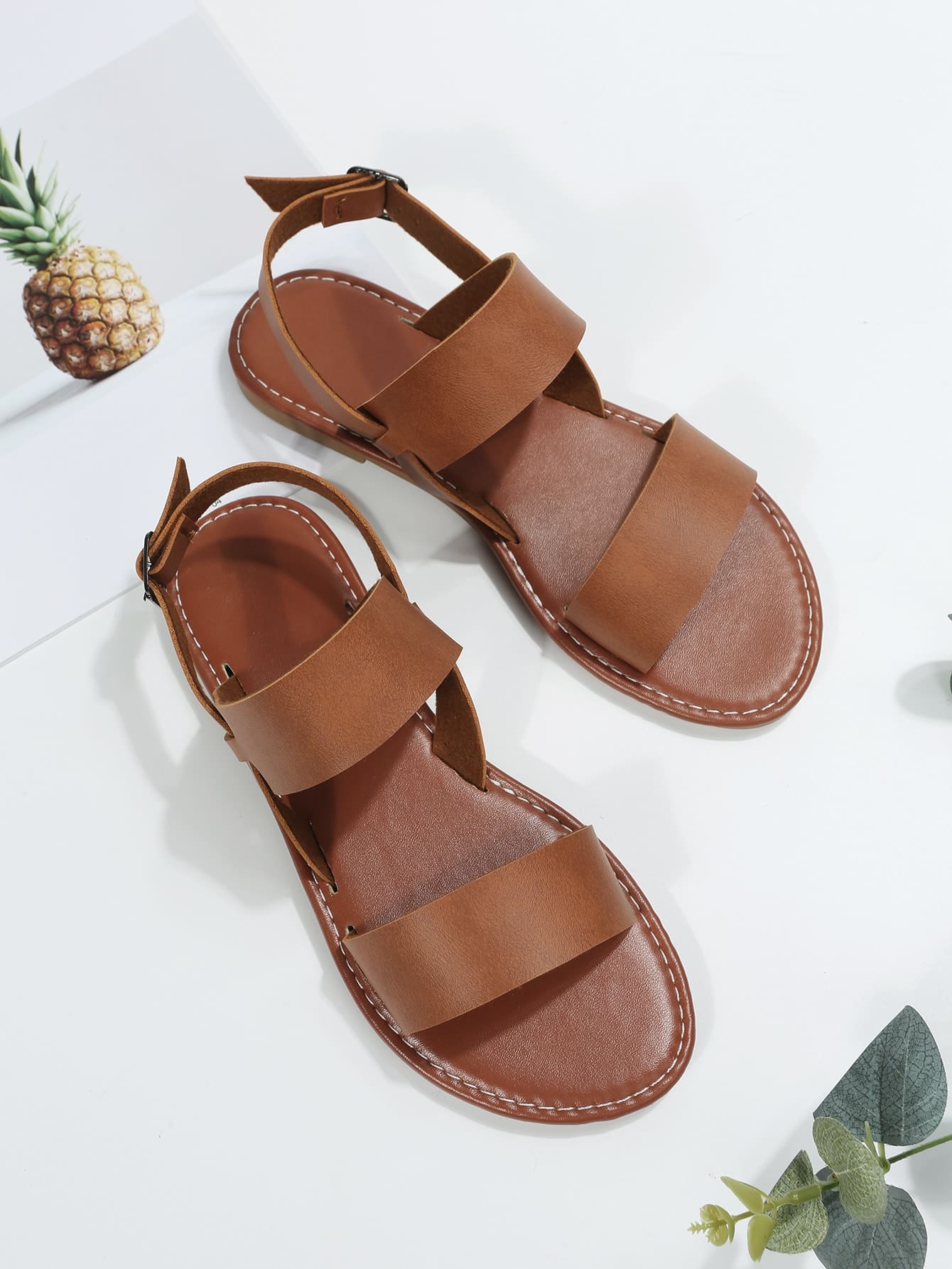 Sandalias cómodas casuales para exteriores para mujer, sandalias con correa de tobillo de cuero artificial liso con correa doble - Imagen 5