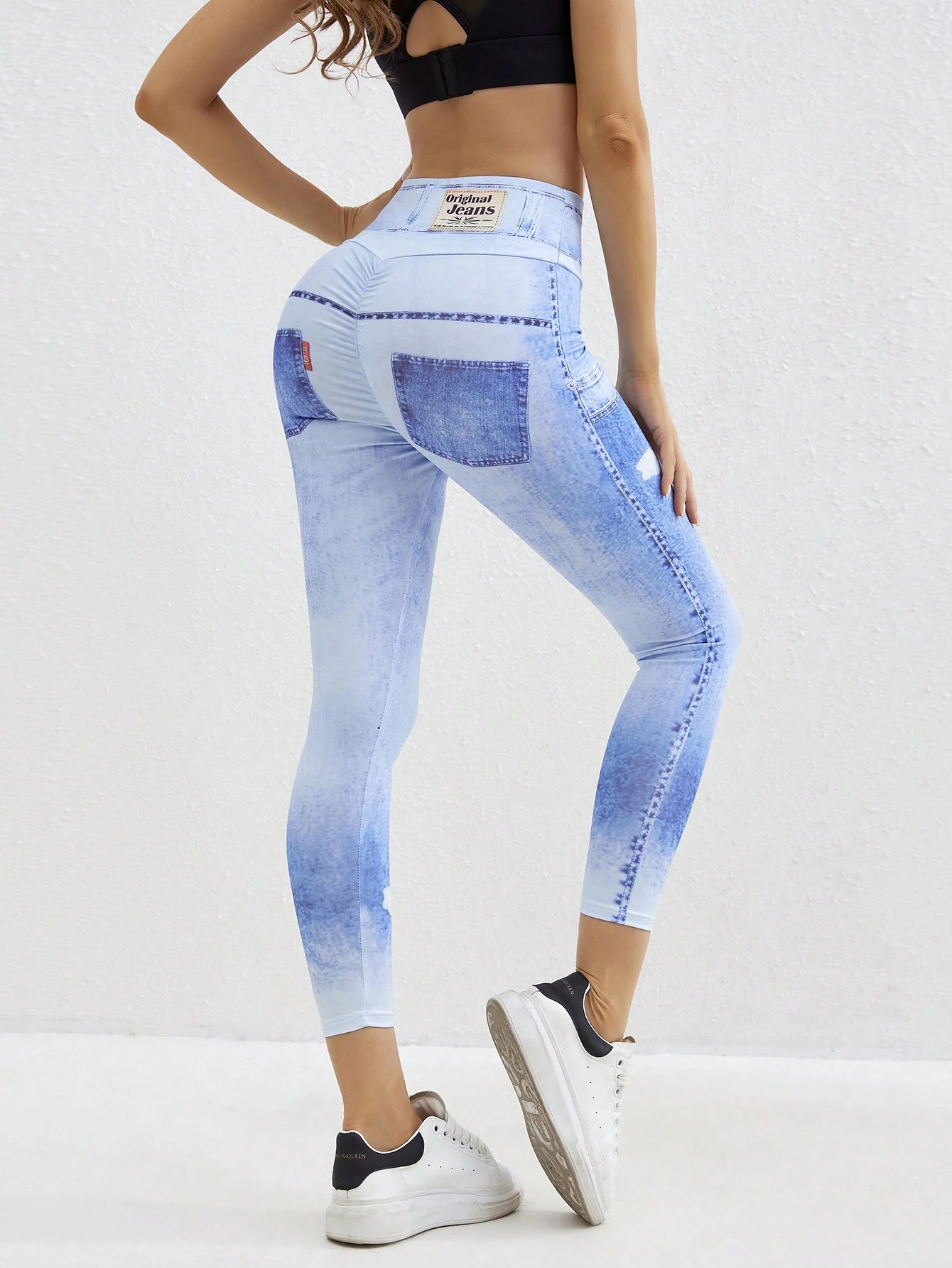 Leggings De Color Azul Claro Estampado Digital Elástico Para Mujer, Cintura Alta, Transpirables, Pantalones De Yoga Para Correr Y Fitness - Imagen 7