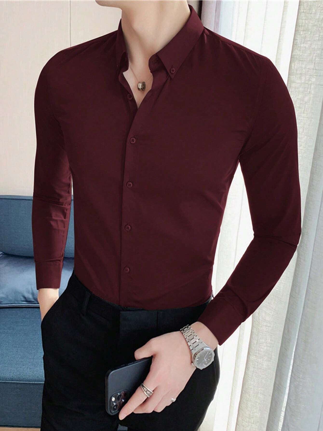 Camisa unicolor con botón - Imagen 3