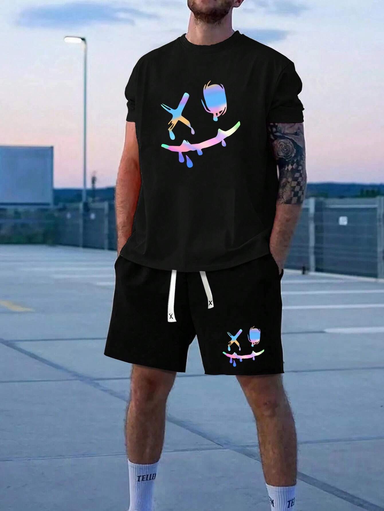 Camiseta de manga corta con gráfico de dibujos animados y pantalones cortos con cordón en la cintura para salir, para hombre - Imagen 5