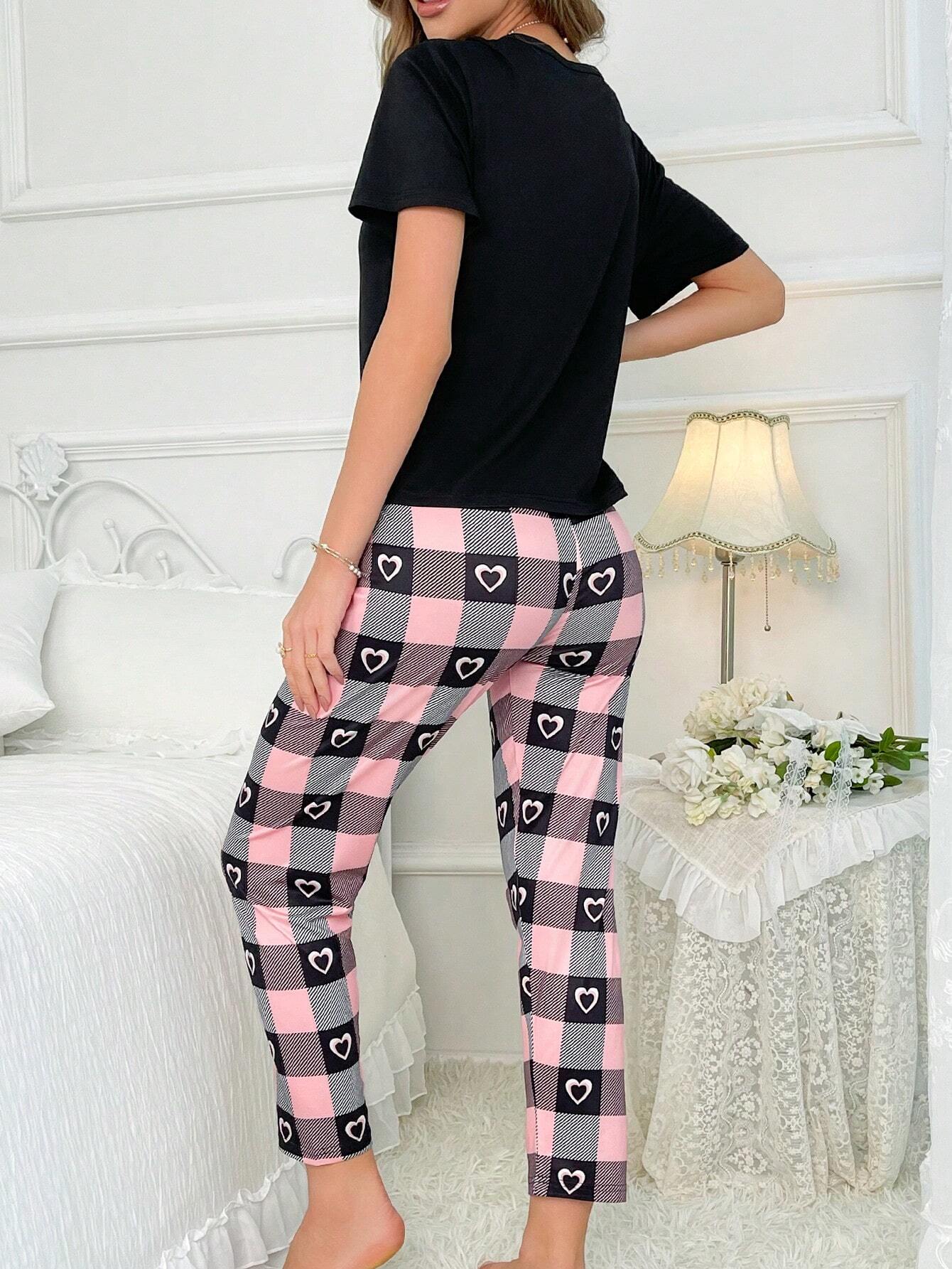 Pijama con camiseta gráfica con corazón y letras navideños y pantalón estampado a cuadros - Imagen 3