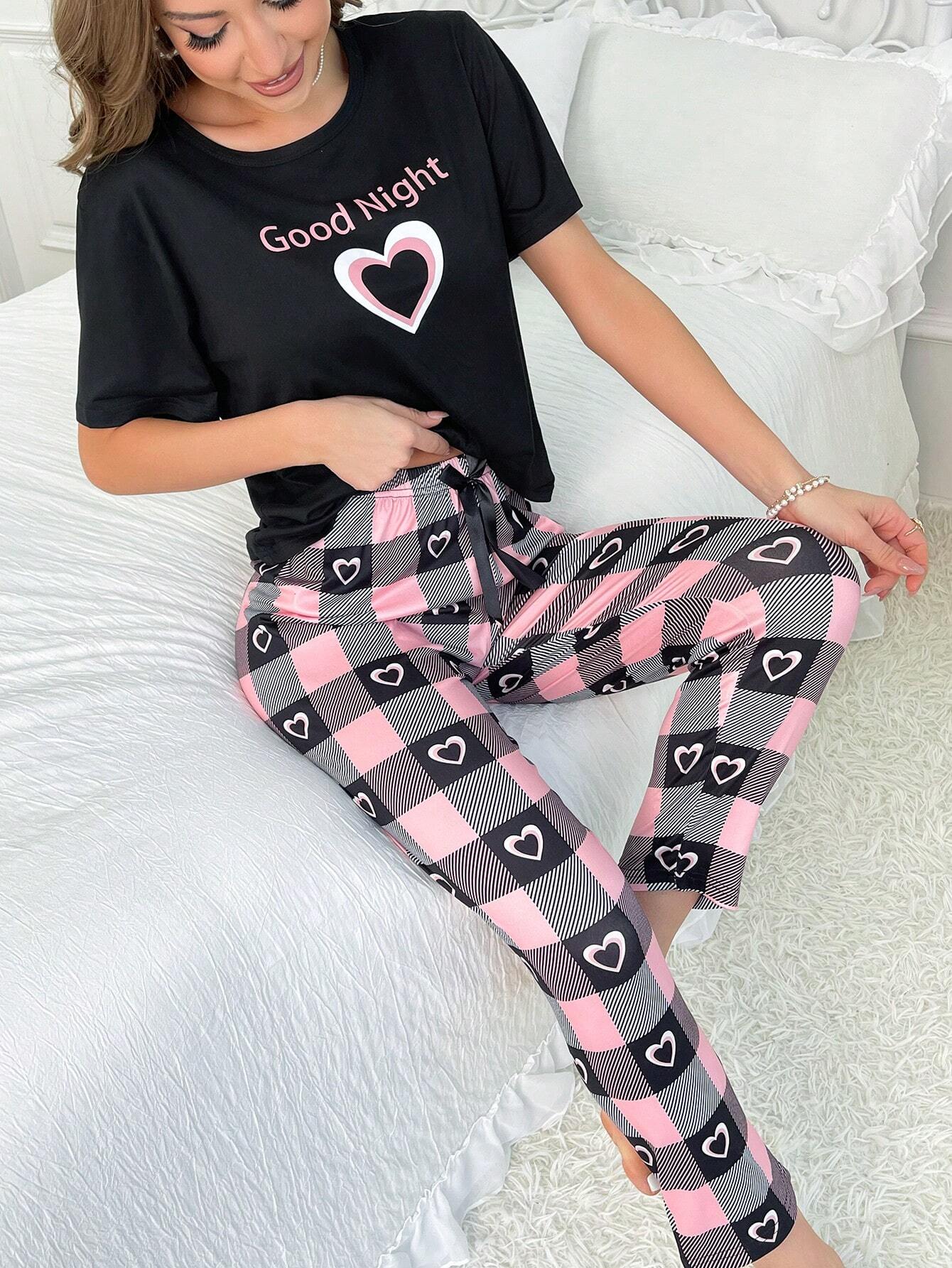 Pijama con camiseta gráfica con corazón y letras navideños y pantalón estampado a cuadros - Imagen 4