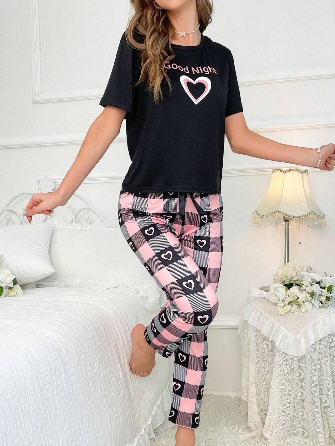 Pijama con camiseta gráfica con corazón y letras navideños y pantalón estampado a cuadros - Imagen 5