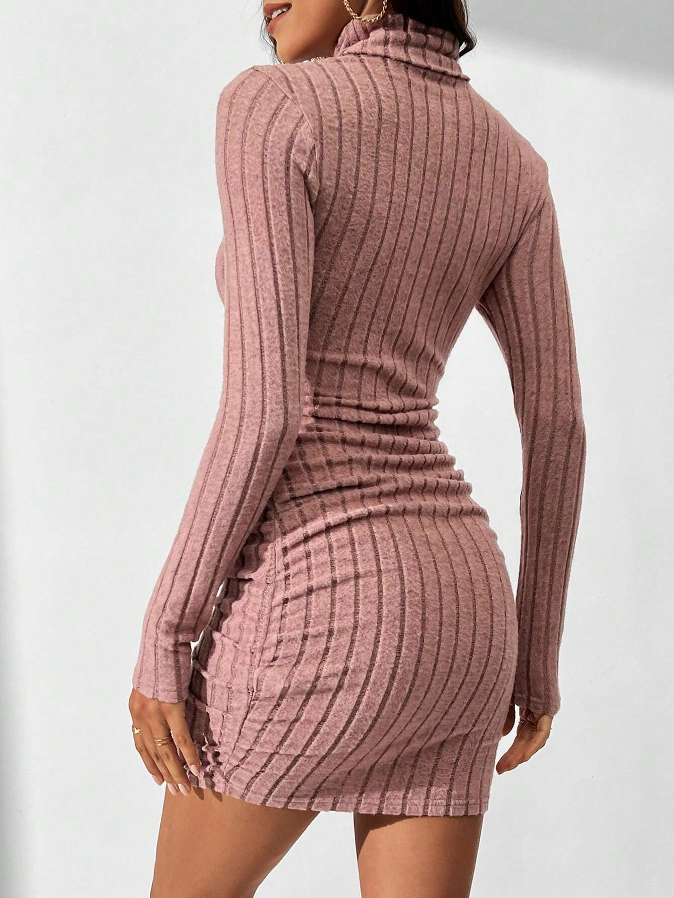 Vestido De Suéter De Cuello Alto Y Manga Larga Acanalado Para Mujer - Imagen 6