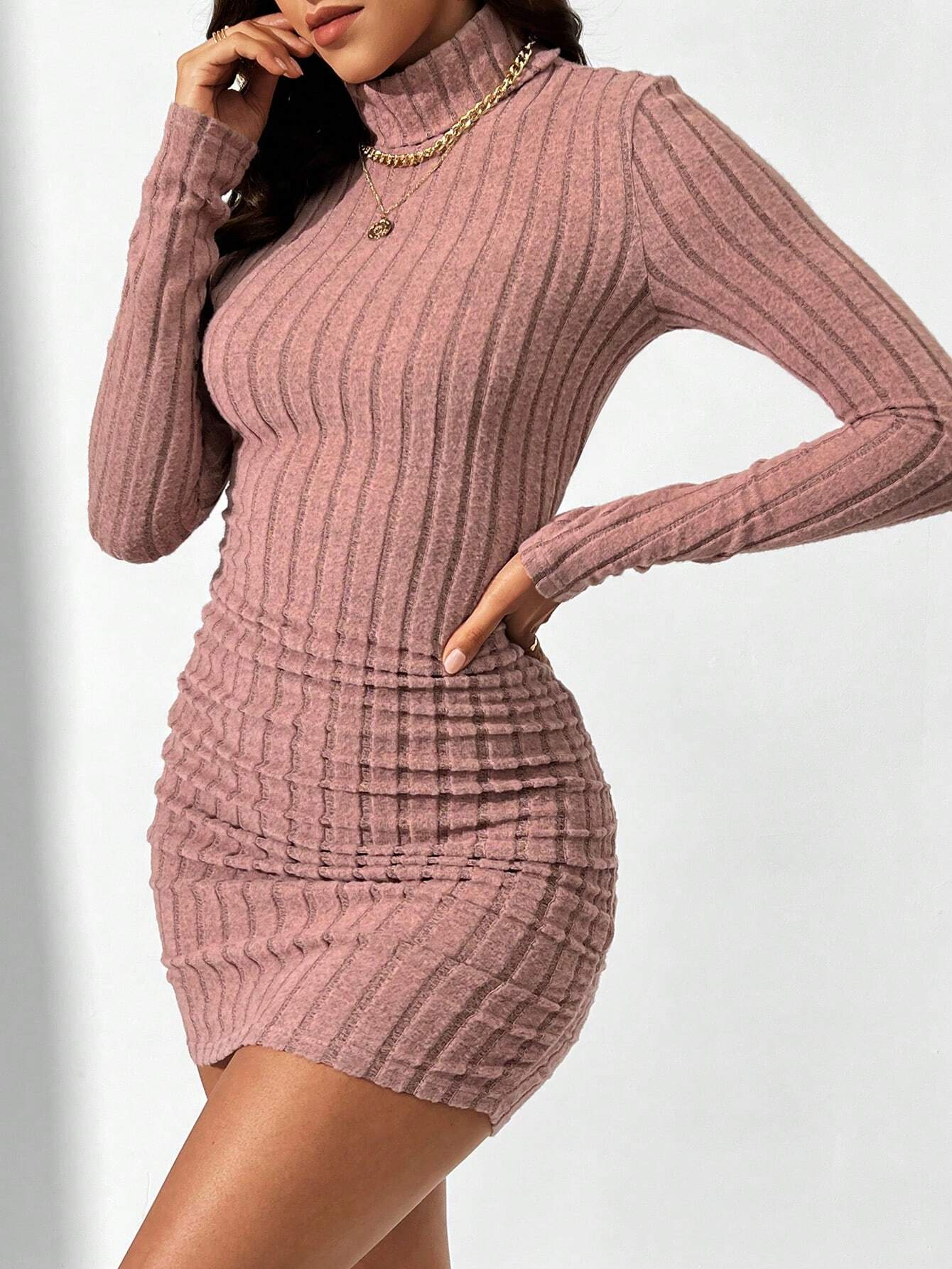 Vestido De Suéter De Cuello Alto Y Manga Larga Acanalado Para Mujer - Imagen 2