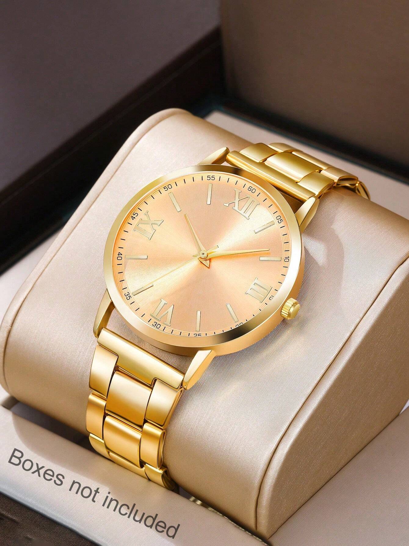 Reloj de oro casual para hombres con números romanos redondos, reloj de cuarzo con correa de acero inoxidable de color dorado - Imagen 2