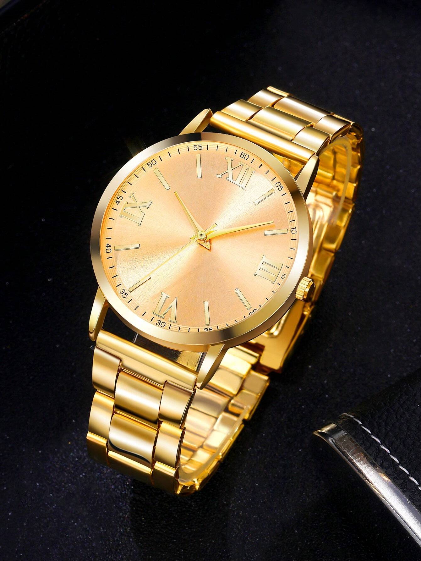 Reloj de oro casual para hombres con números romanos redondos, reloj de cuarzo con correa de acero inoxidable de color dorado - Imagen 3