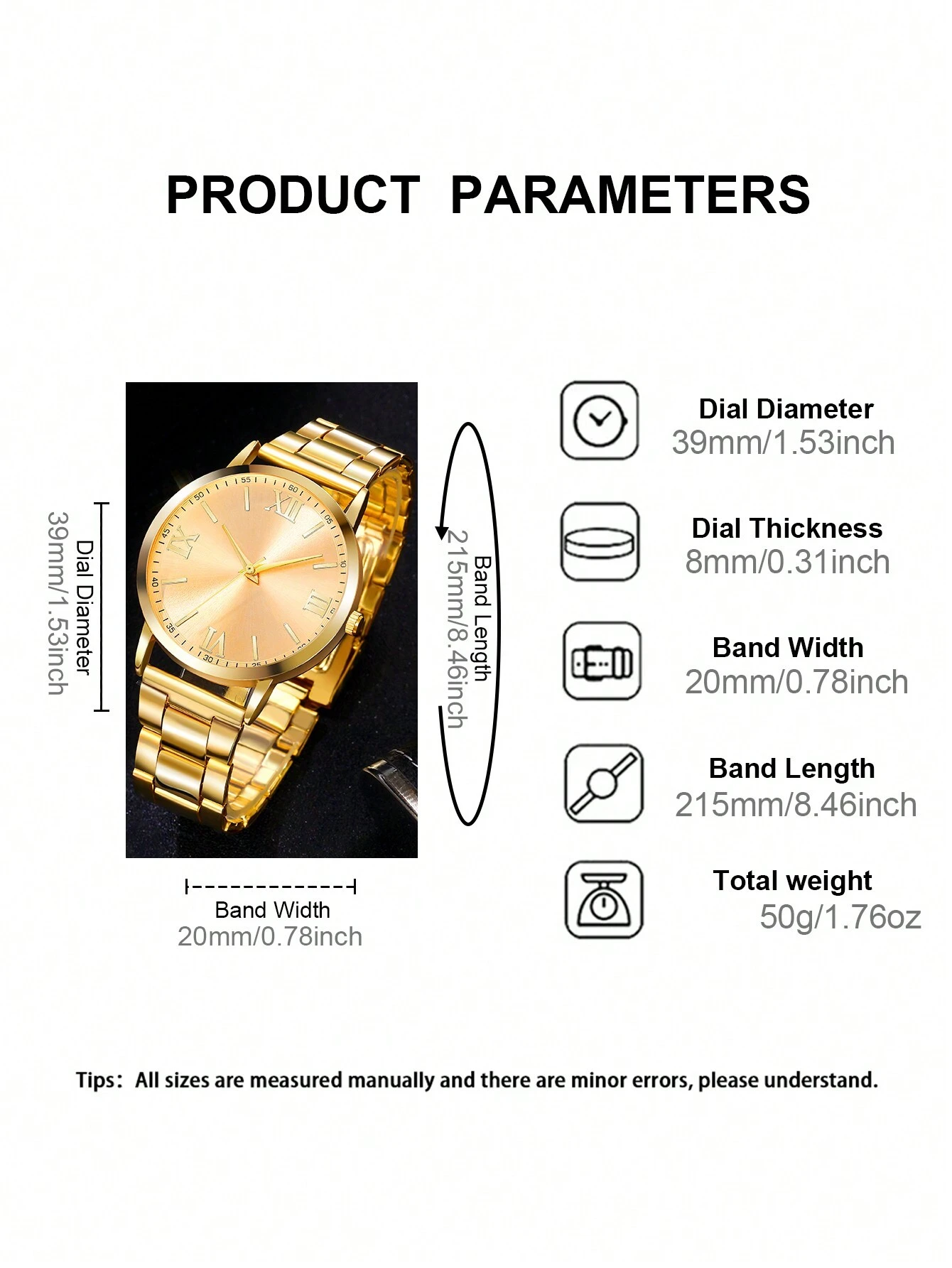 Reloj de oro casual para hombres con números romanos redondos, reloj de cuarzo con correa de acero inoxidable de color dorado - Imagen 4