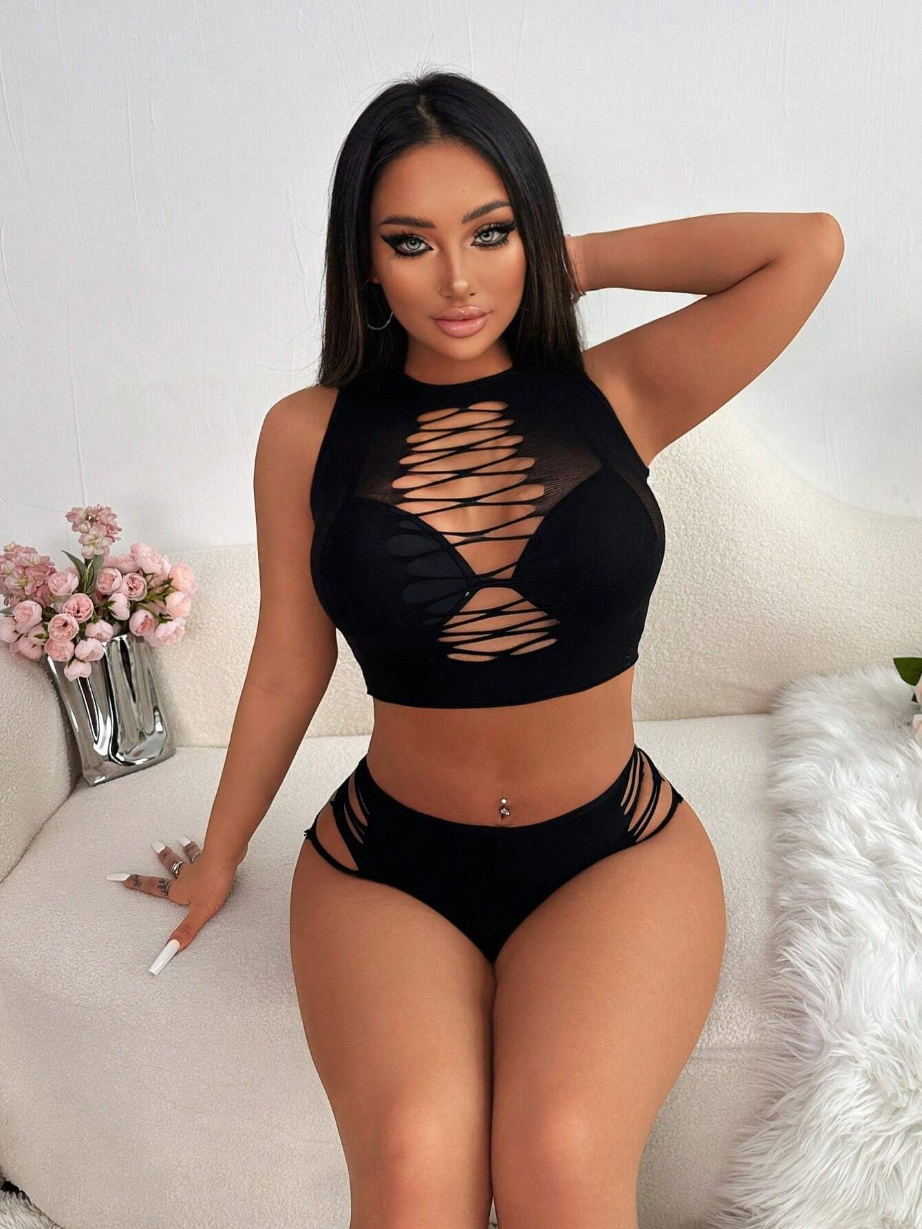 Conjunto de lencería sexy con abertura para mujer - Imagen 4