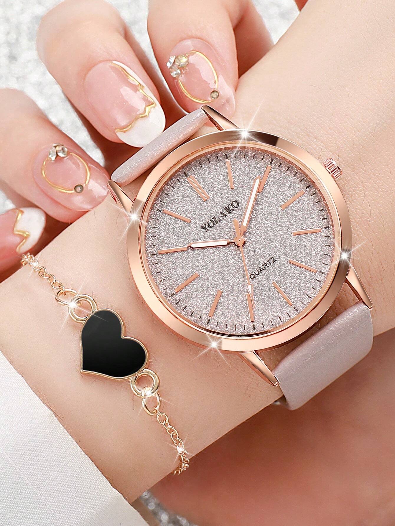 Reloj de pulsera de cuarzo minimalista de moda con esfera y banda, y pulsera con forma de corazón - Imagen 3