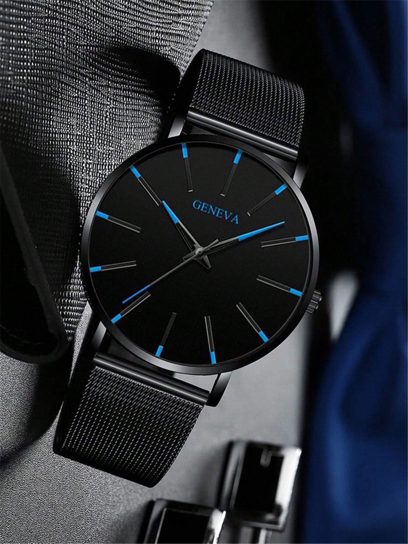 Reloj para hombres con correa de malla, esfera redonda y puntero de cuarzo - Imagen 4