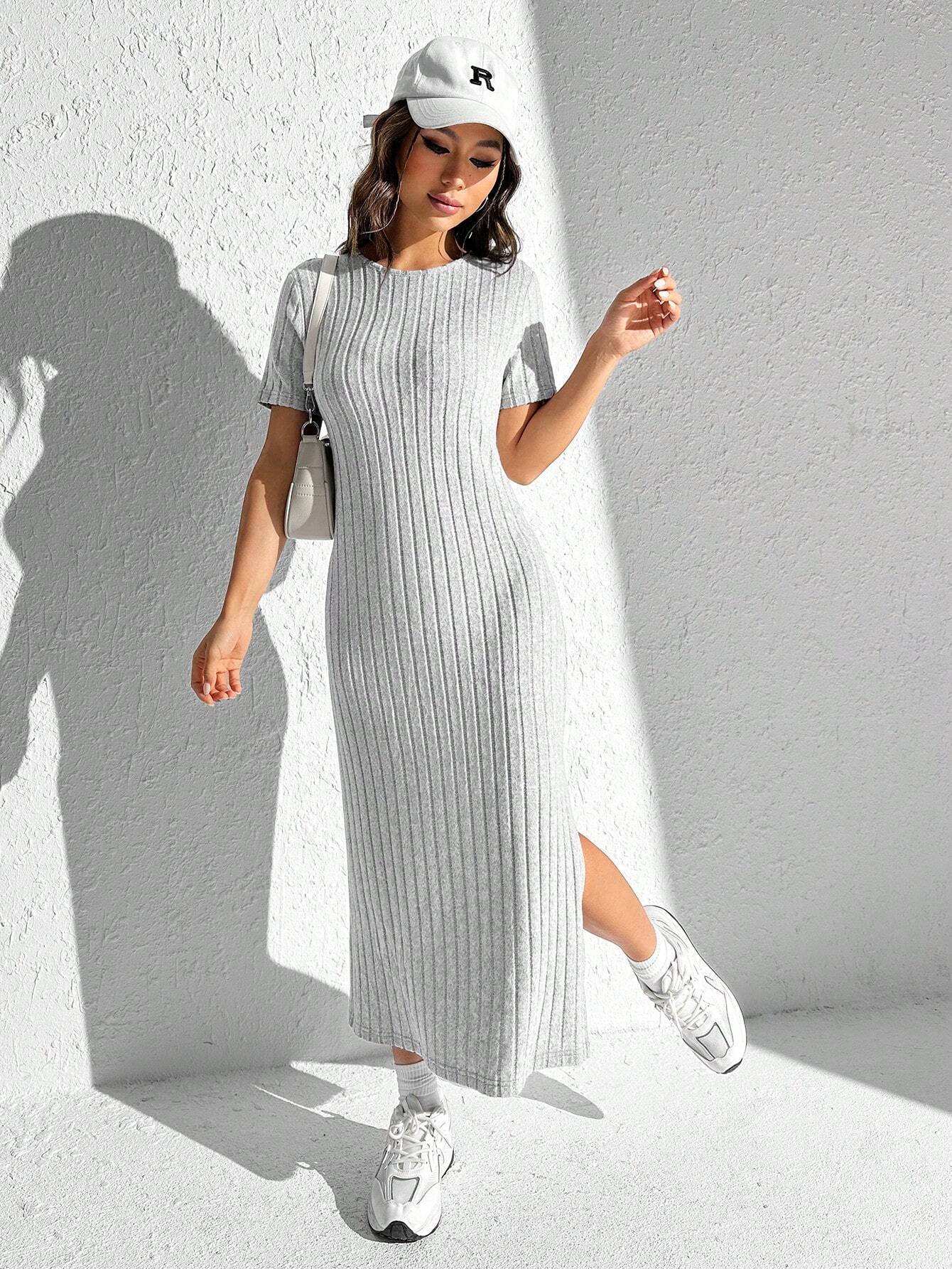 SHEIN_EZwear_Vestido_de_punto_acanalado_con_hendidura_en_el_muslo_slido_para_verano__SHEIN_USA_main_0 Vestido de punto acanalado con hendidura en el muslo sólido para verano - Imagen 1