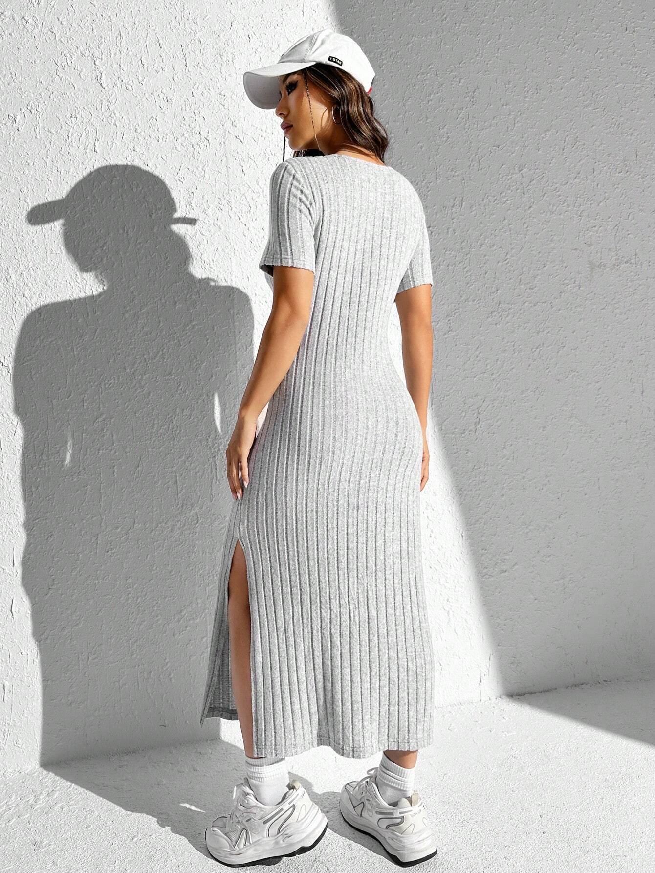 Vestido de punto acanalado con hendidura en el muslo sólido para verano - Imagen 2