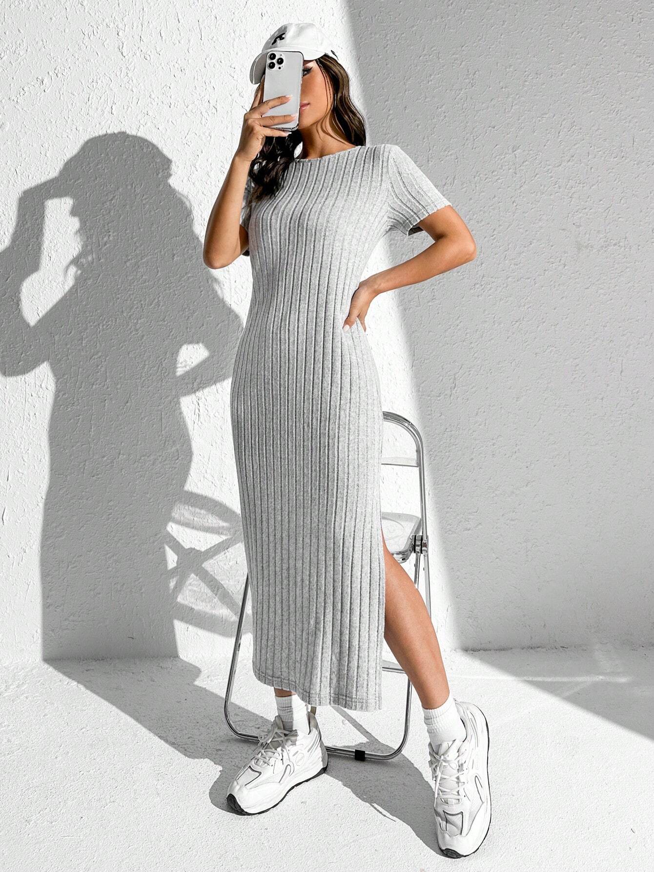 Vestido de punto acanalado con hendidura en el muslo sólido para verano - Imagen 3