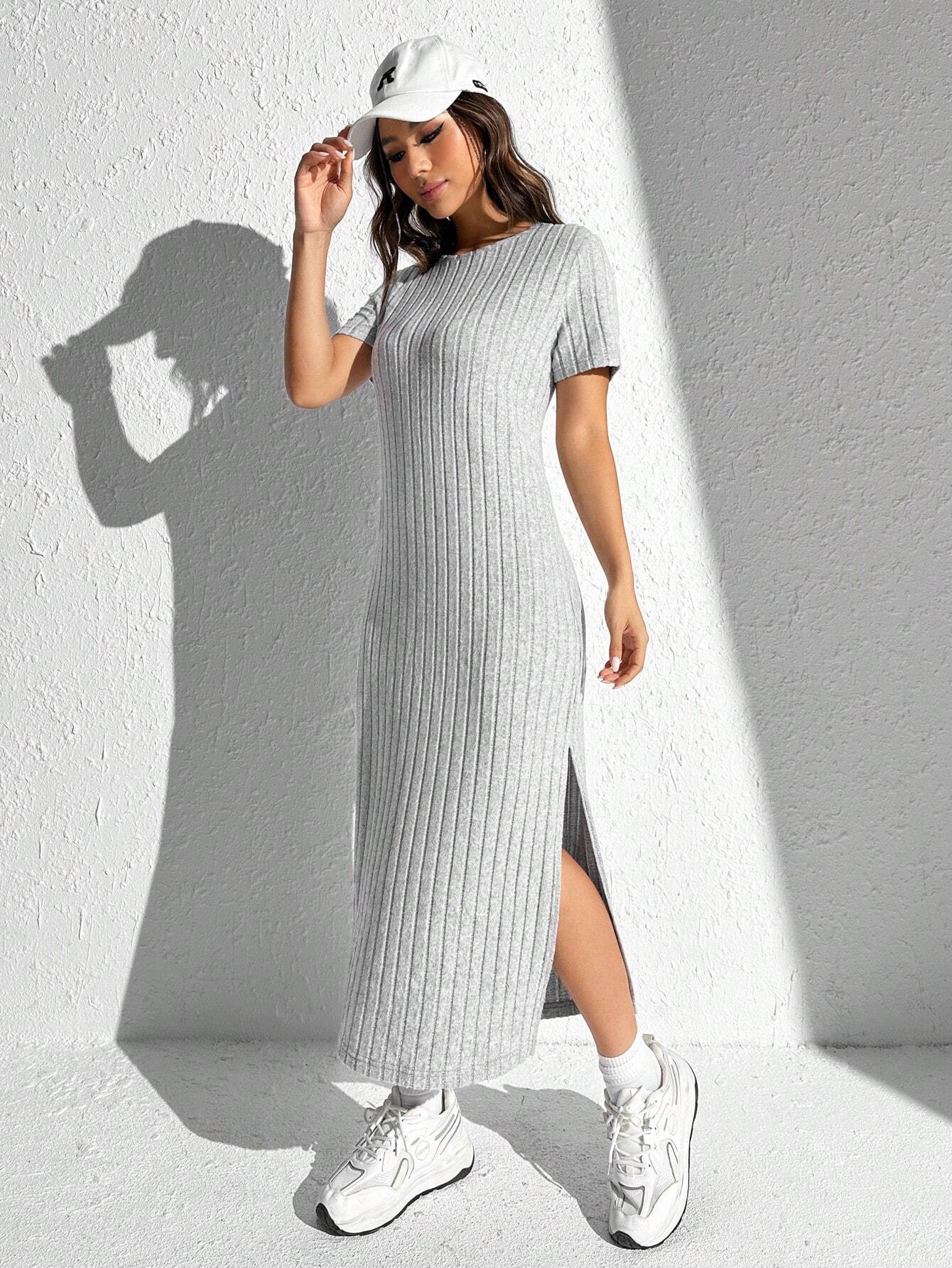 Vestido de punto acanalado con hendidura en el muslo sólido para verano - Imagen 4