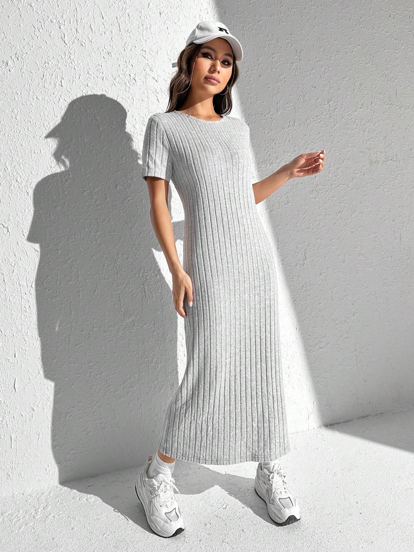 Vestido de punto acanalado con hendidura en el muslo sólido para verano - Imagen 5