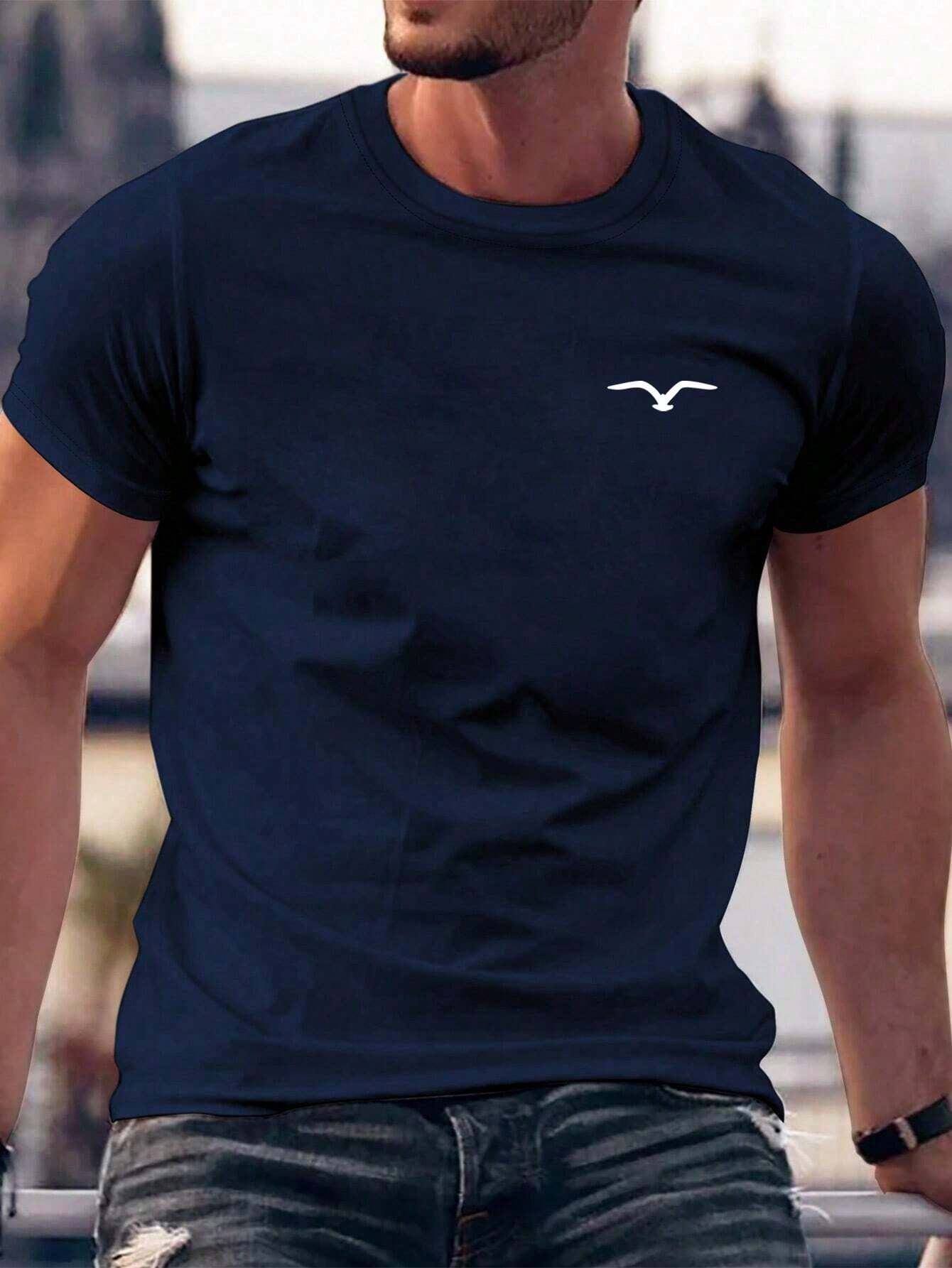Camiseta casual de cuello redondo con estampado de pájaro para hombre - Imagen 1