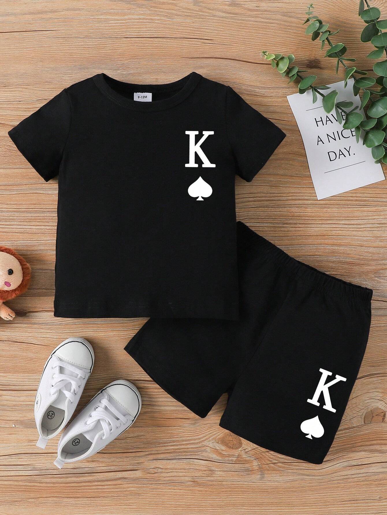 Camiseta Casual Y Pantalones Cortos Con Letra K Impresa Para Bebé Niño, Con Cuello Redondo - Imagen 1
