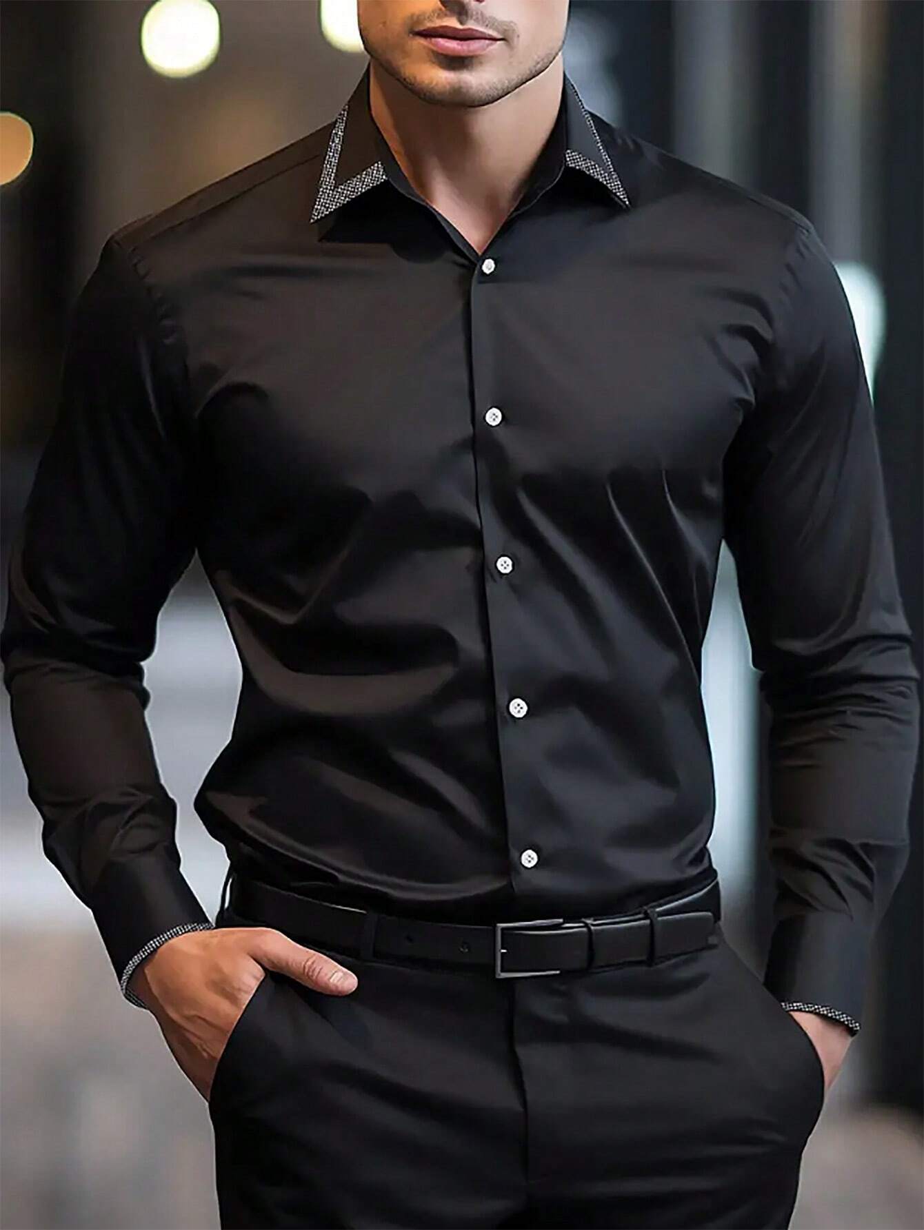 Manfinity_Mode_Camisa_negra_lisa_para_hombre_con_botones_corte_ajustado_y_mangas_largas_para_uso_diario_negocios_y_viajes_de_primaveraverano._Ideal_para_esposo.__SHEIN_USA_main_0 Camisa negra lisa para hombre con botones, corte ajustado y mangas largas - Imagen 1