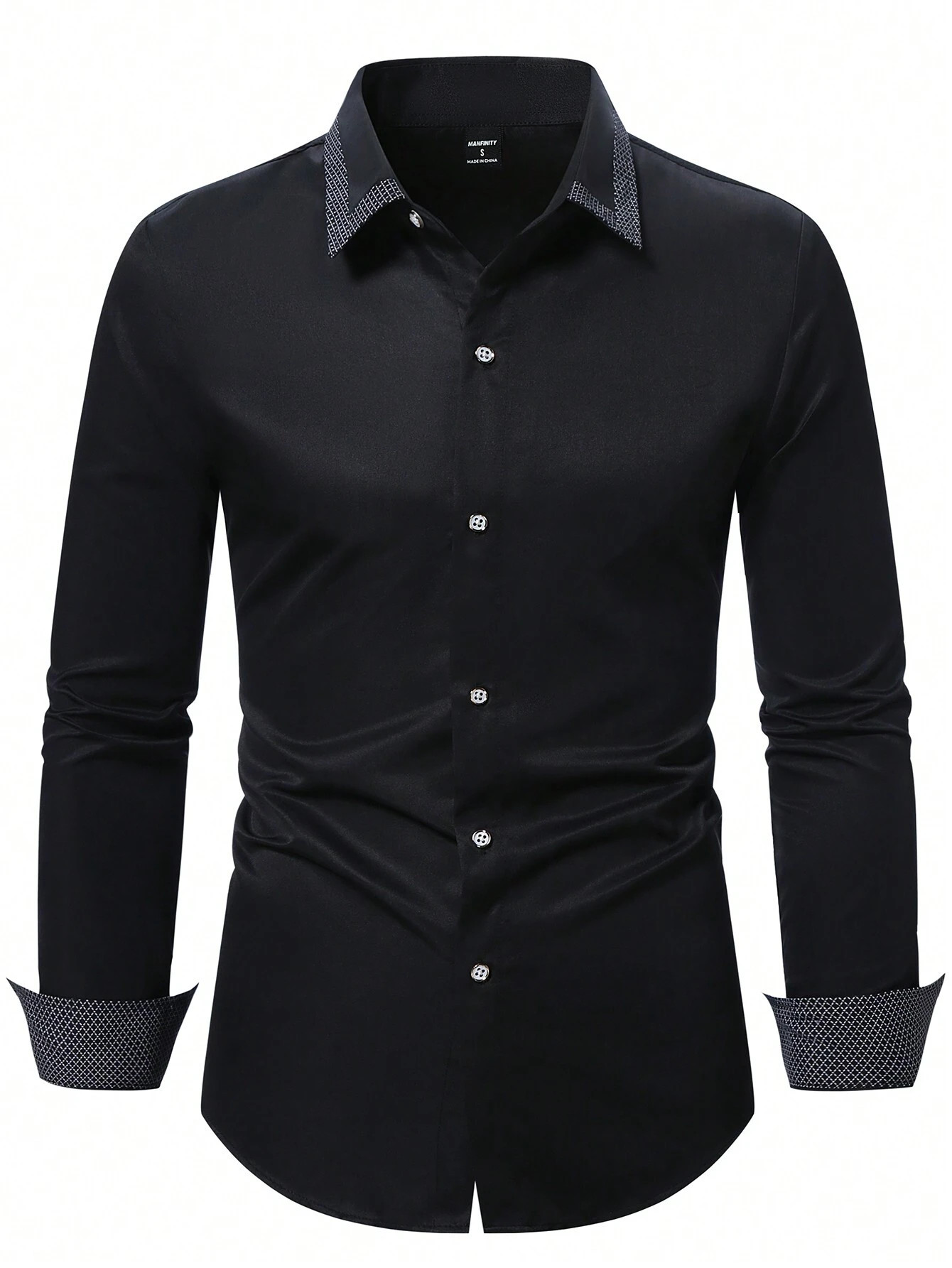 Camisa negra lisa para hombre con botones, corte ajustado y mangas largas - Imagen 3