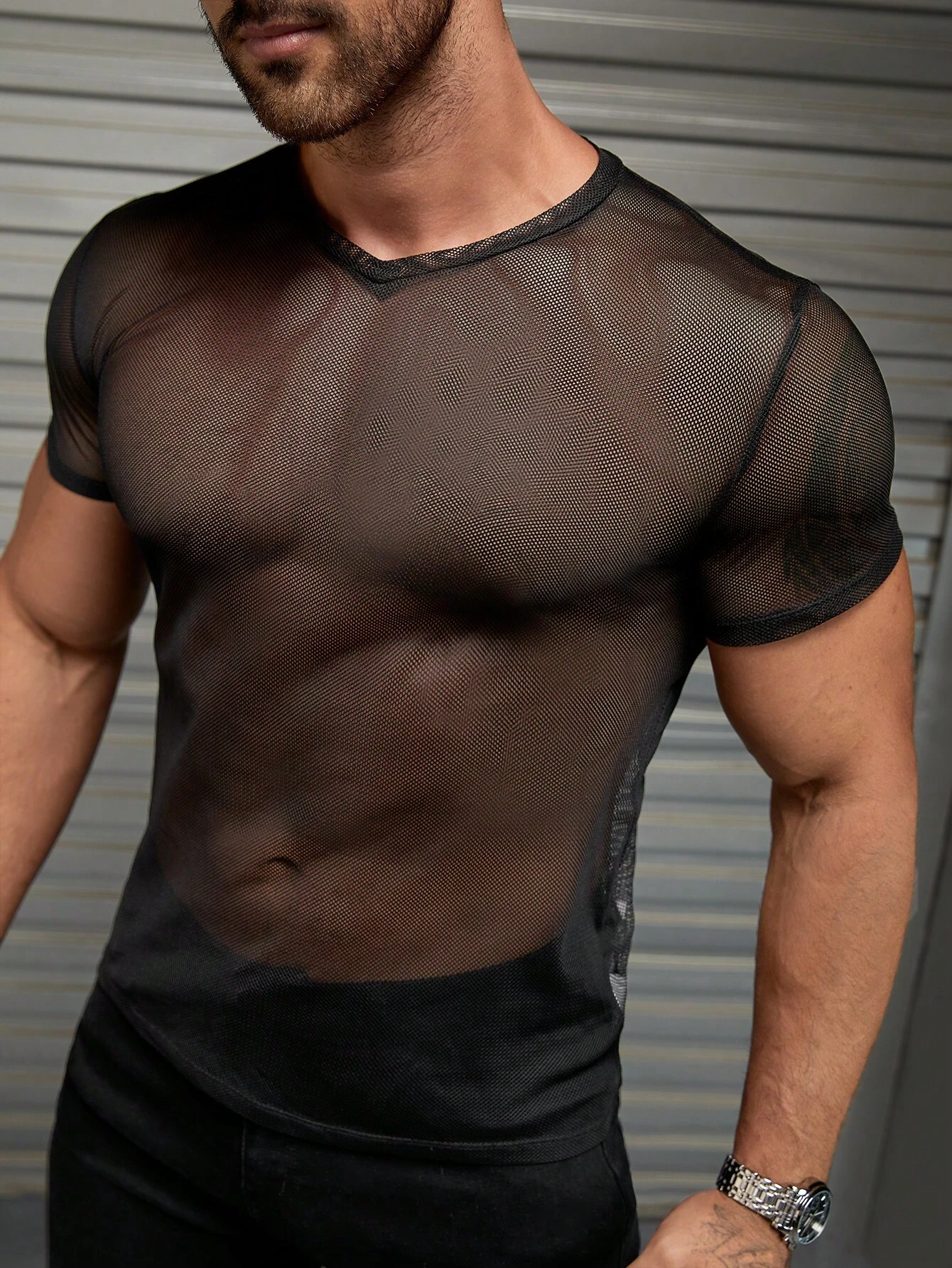 Camisetas de hombre con cuello en V, manga corta, top de malla - Imagen 1