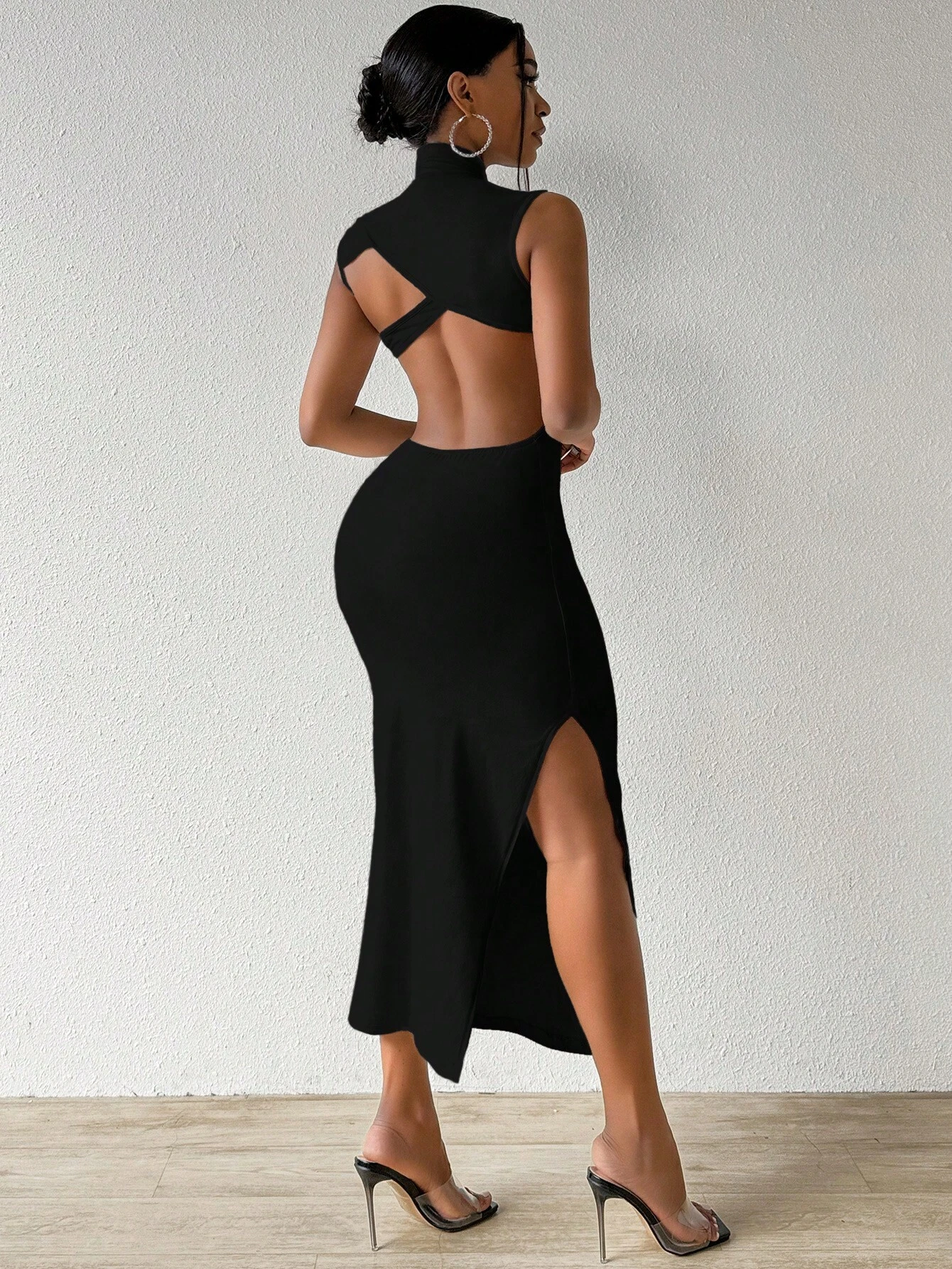 Vestido de mujer de unicolor con escote trasero, cuello de pie, abertura lateral y silueta ajustada, largo maxi - Imagen 6