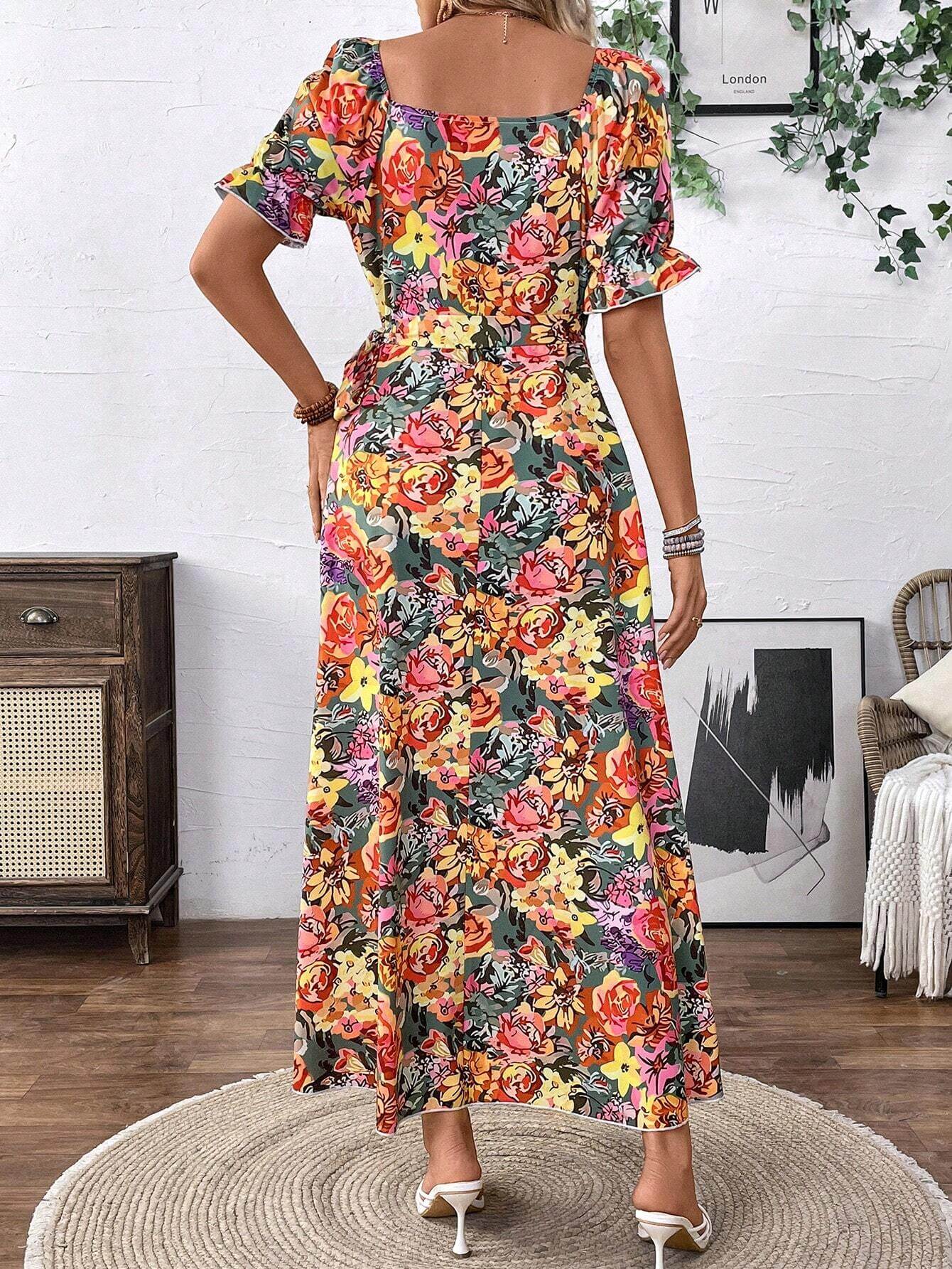 Vestido largo de mujer con abertura alta, estampado floral todo over y hombros descubiertos - Imagen 2