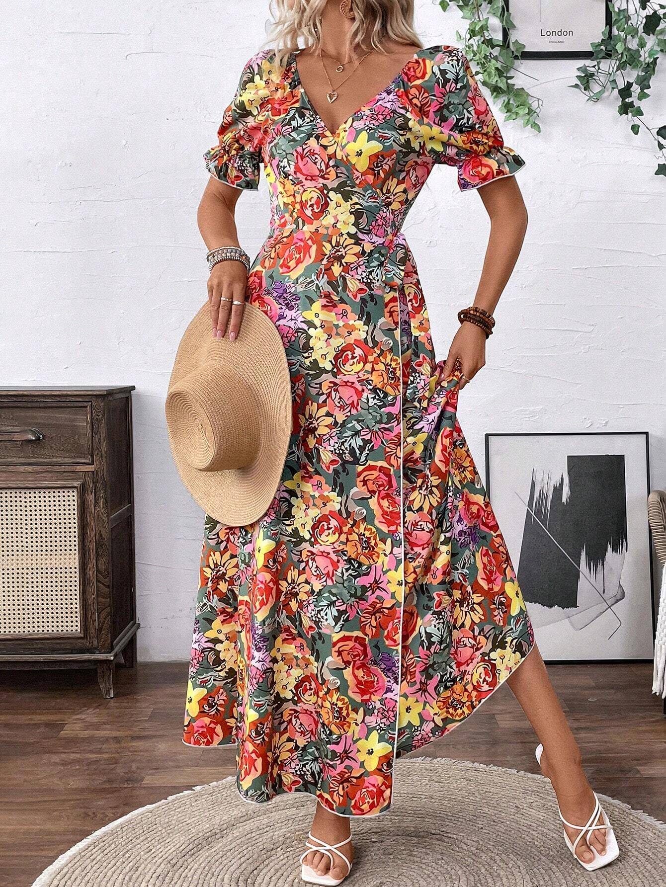 Vestido largo de mujer con abertura alta, estampado floral todo over y hombros descubiertos - Imagen 5