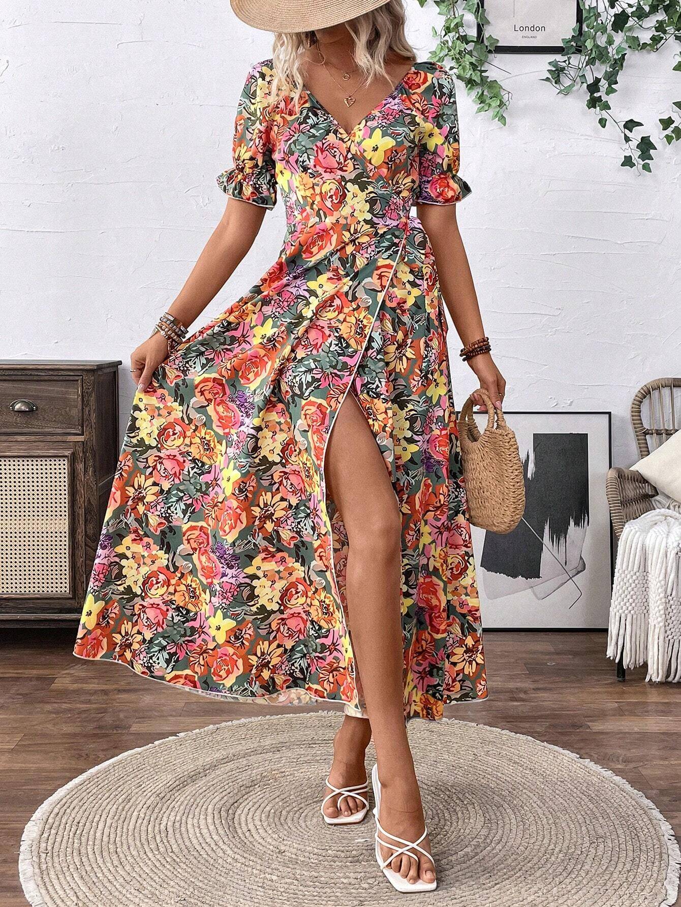Vestido largo de mujer con abertura alta, estampado floral todo over y hombros descubiertos - Imagen 6