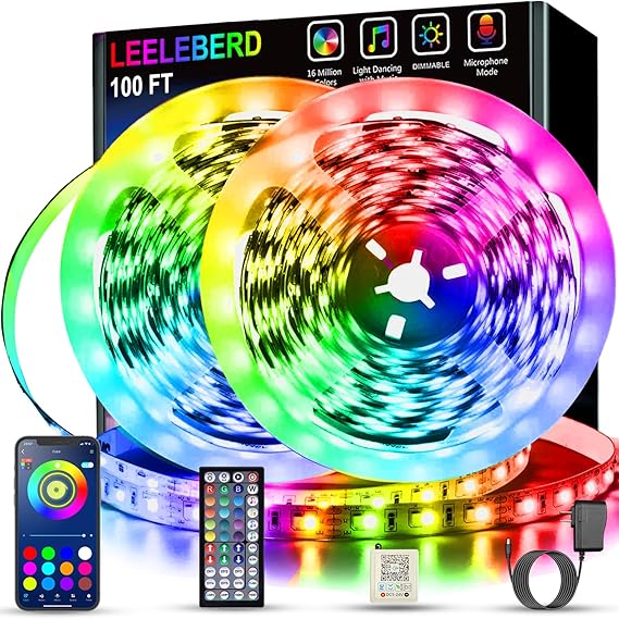 815sBbUN7LL._AC_SX569_.jpg Luces LED RGB 100 pies - Sincronización musical, cambio de color, control remoto y app, Bluetooth, decoración hogar y fiestas - Imagen 1