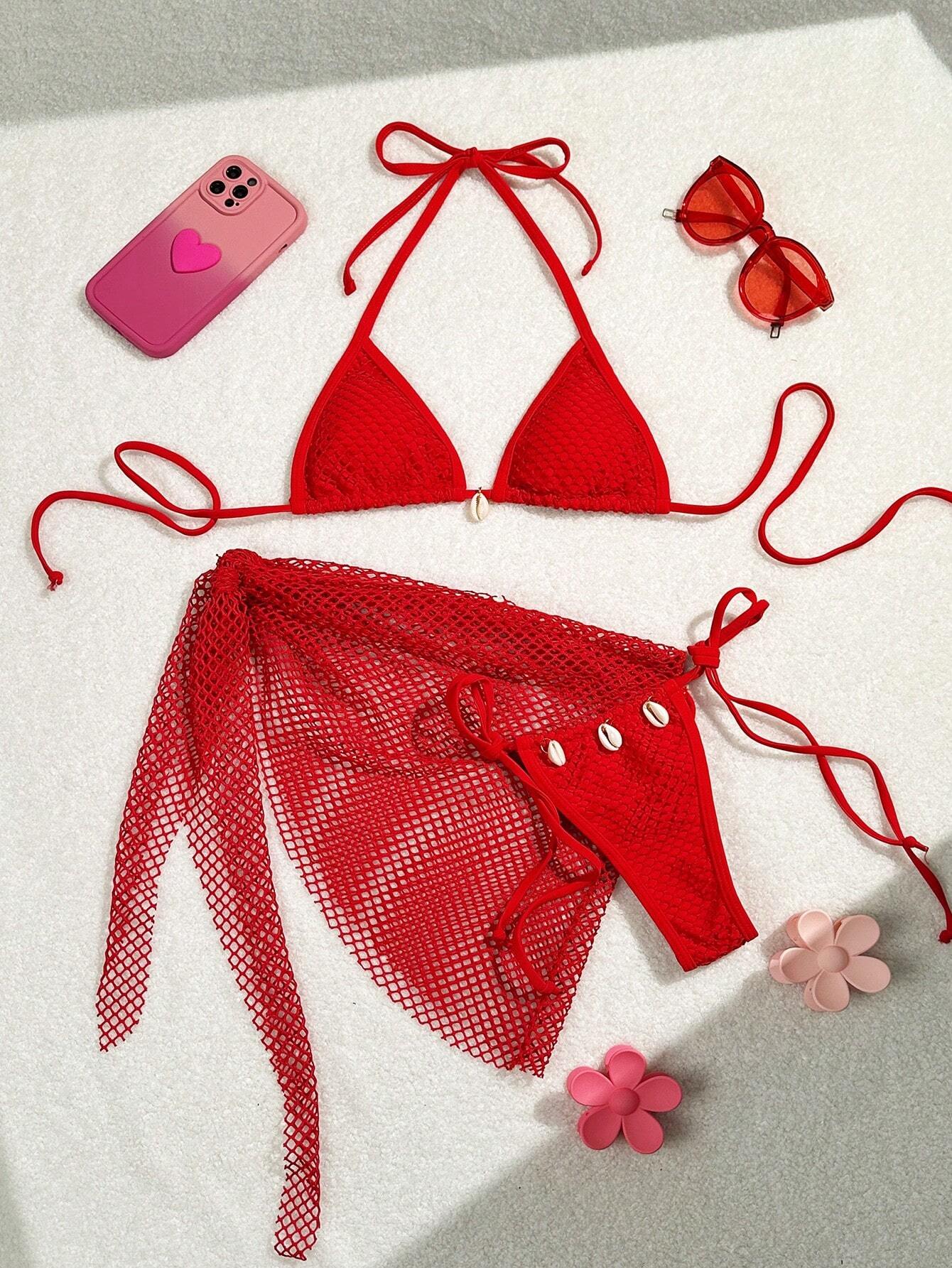 2_piezas_Conjunto_de_bikini_de_unicolor_con_parte_superior_estilo_halter_con_nudo_y_falda_pareo_para_playa_y_resort_de_verano_main_0 Swim Mod 2 piezas Conjunto de bikini de unicolor con parte superior estilo halter con nudo y falda pareo, para playa y resort de verano - Imagen 1