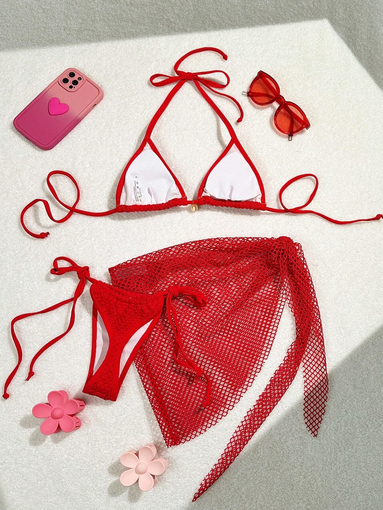 Swim Mod 2 piezas Conjunto de bikini de unicolor con parte superior estilo halter con nudo y falda pareo, para playa y resort de verano - Imagen 5