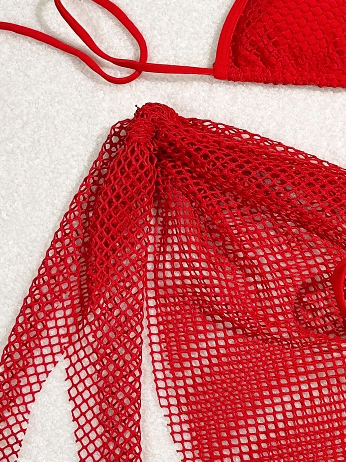 Swim Mod 2 piezas Conjunto de bikini de unicolor con parte superior estilo halter con nudo y falda pareo, para playa y resort de verano - Imagen 2
