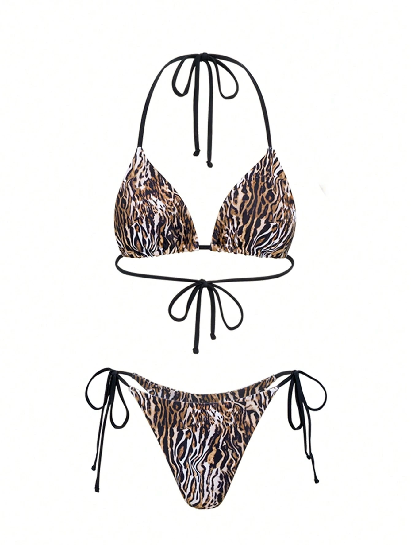 Bonvoyette Set de 3 piezas con bikini triangular halter con estampado mixto de leopardo y unicolor, talla grande vestido de malla larga para la playa, sexy y elegante para mujeres - Imagen 7