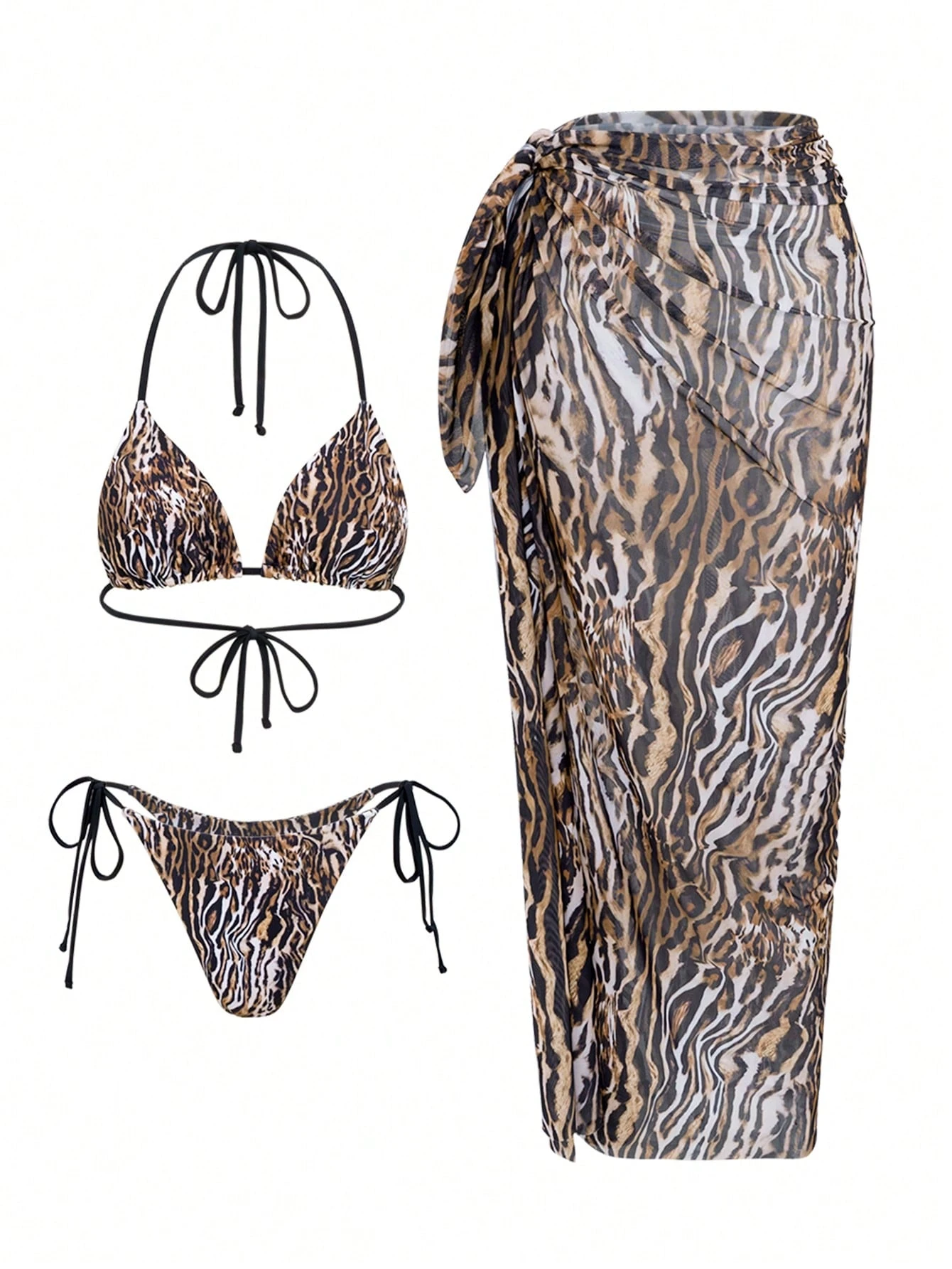 Bonvoyette Set de 3 piezas con bikini triangular halter con estampado mixto de leopardo y unicolor, talla grande vestido de malla larga para la playa, sexy y elegante para mujeres - Imagen 6