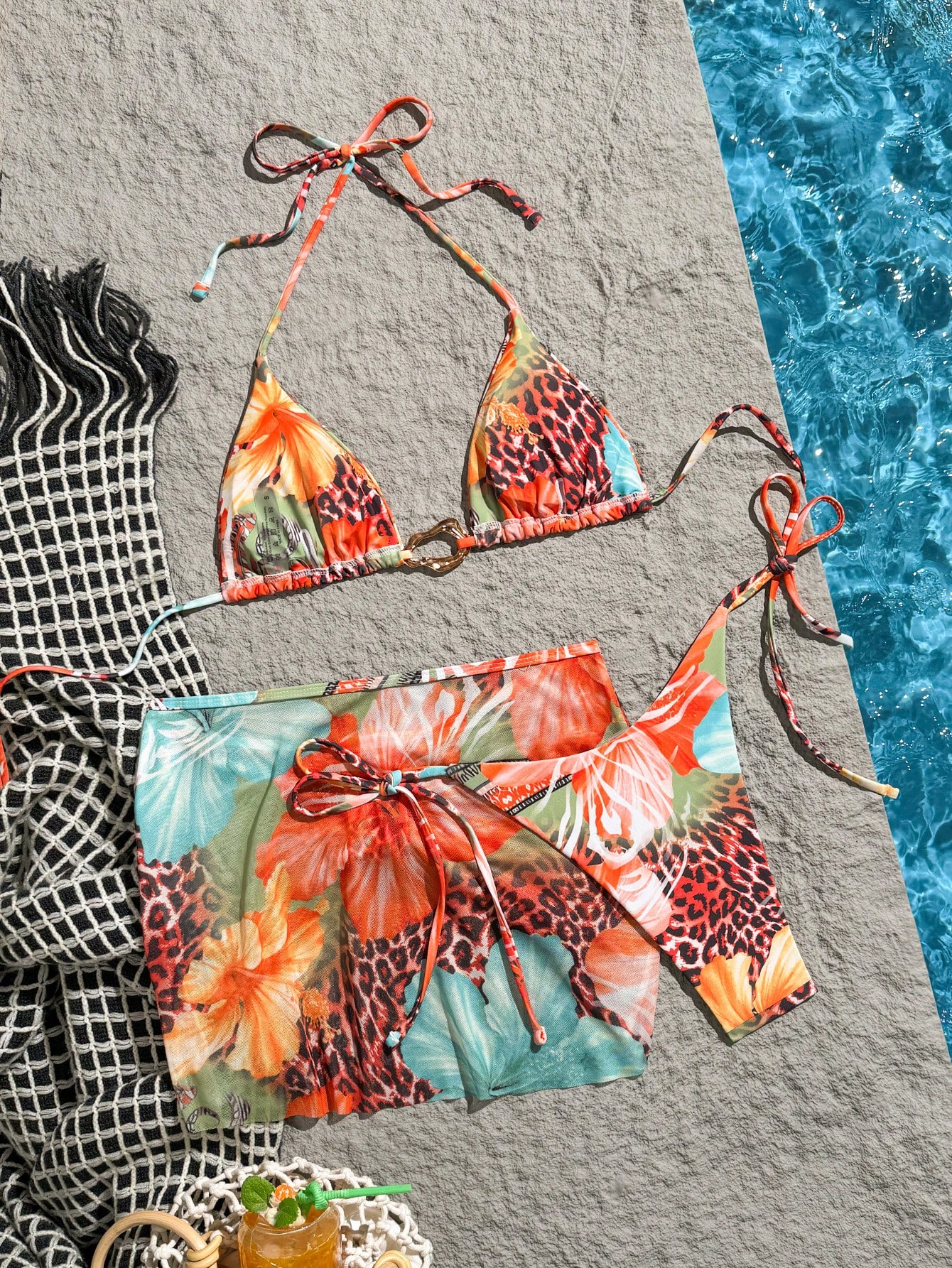 Nuevo conjunto de traje de baño de 3 piezas para mujer con minifalda, estampado de leopardo y flores, con hebilla de metal, para playa y fiesta de piscina en primavera y verano - Imagen 3