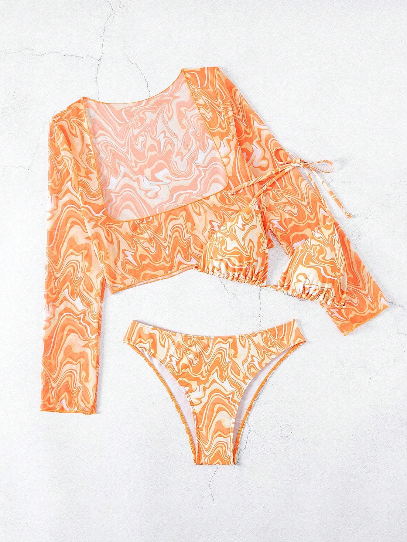 Swim Conjunto de bikini de 3 piezas con estampado completo aleatorio, traje de baño de verano - Imagen 2