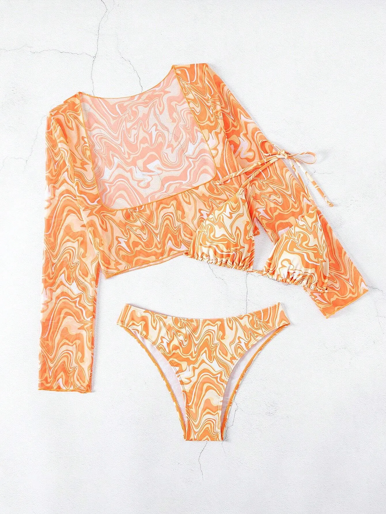 Swim Conjunto de bikini de 3 piezas con estampado completo aleatorio, traje de baño de verano - Imagen 2
