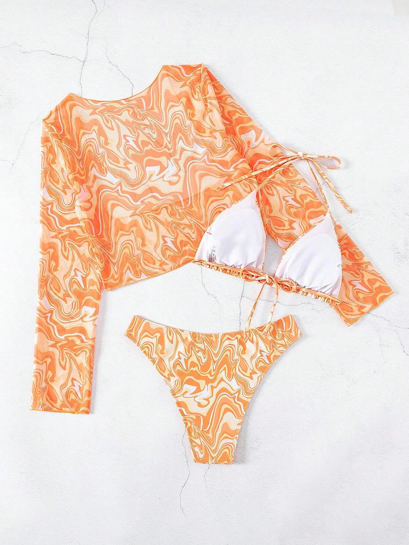 Swim Conjunto de bikini de 3 piezas con estampado completo aleatorio, traje de baño de verano - Imagen 8