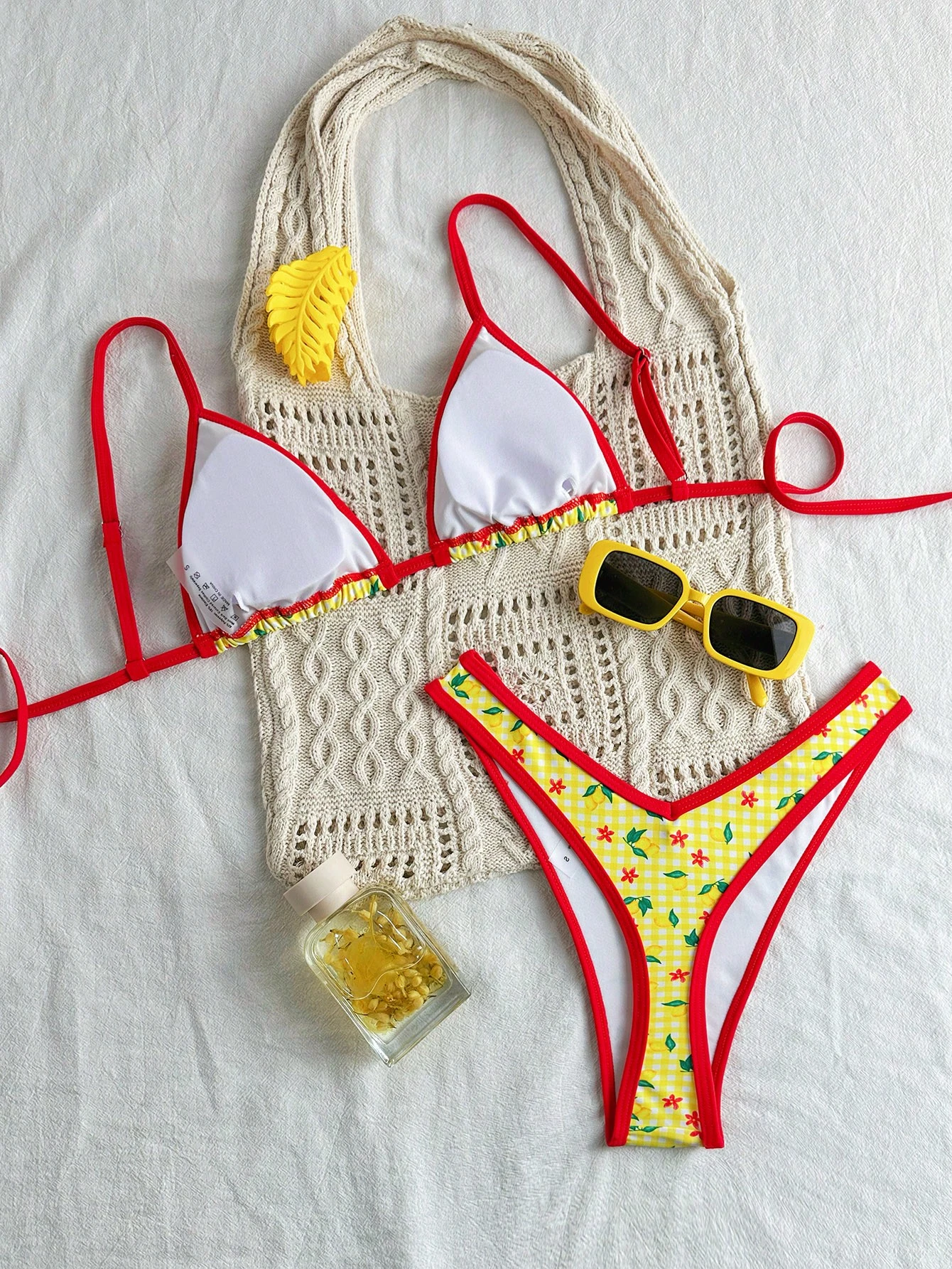 Swim Conjunto de bikini de tiras de espagueti con corte alto y estampado aleatorio para - Imagen 4