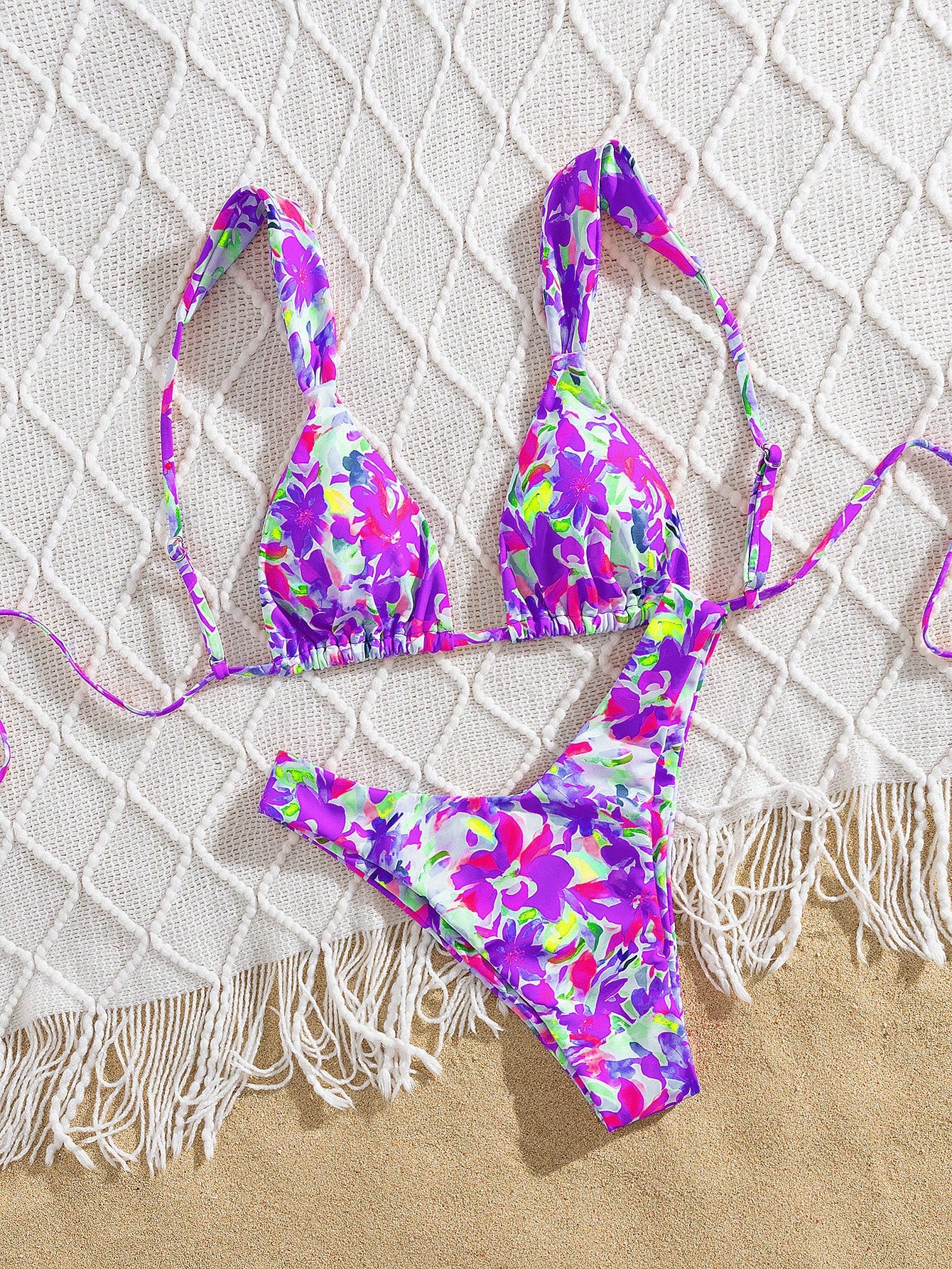 Set de 2 piezas Bikini con tiras ajustables y diseño impreso de nueva moda, elegante traje de baño de moda para mujer para playa y verano - Imagen 3