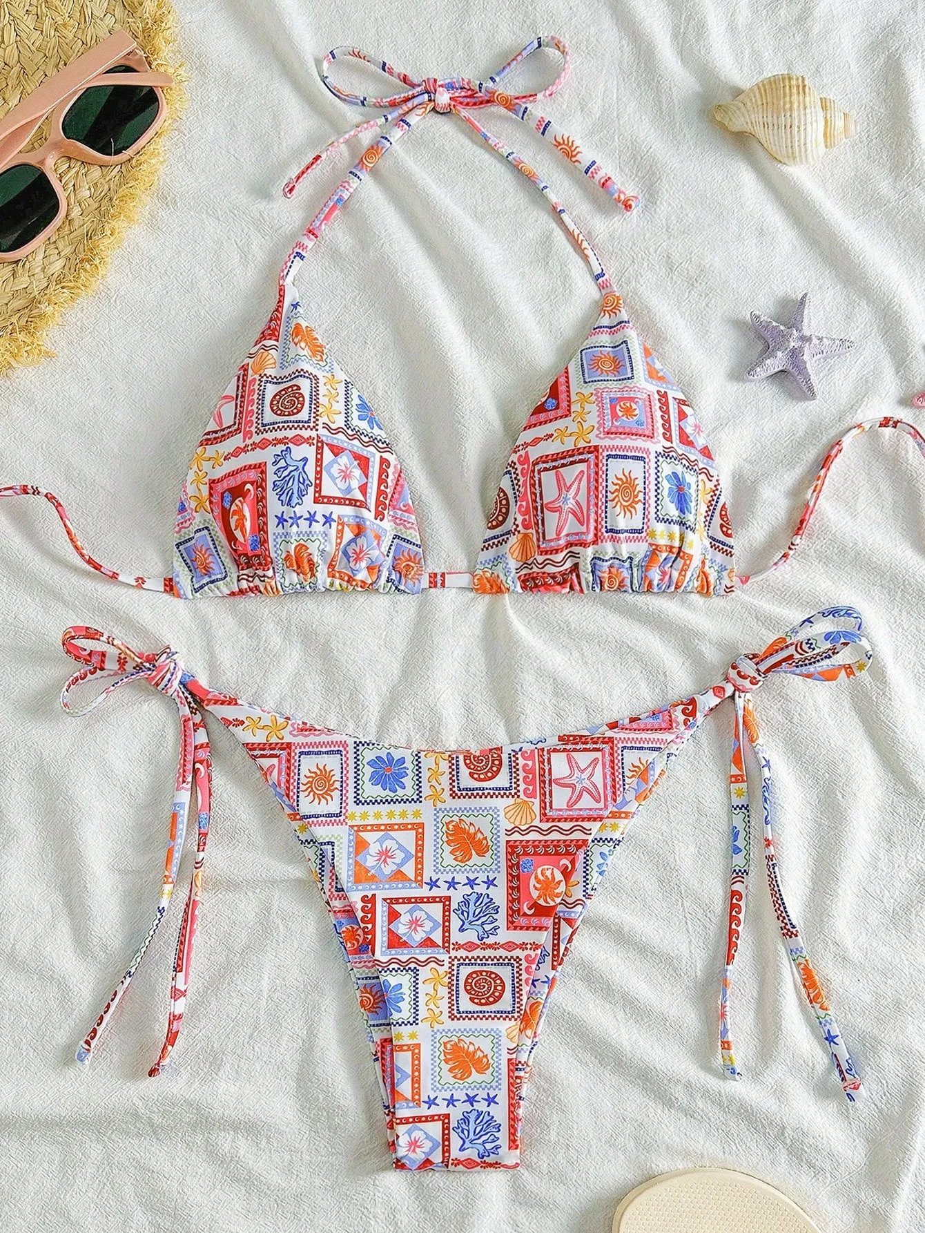 Soleia_Conjunto_de_bikini_con_nudo_adelante_estampado_de_flores_tropicales_coloridas_y_escote_en_V_para_mujer_para_vacaciones_main_0 Soleia Conjunto de bikini con nudo adelante, estampado de flores tropicales coloridas y escote en V p - Imagen 1