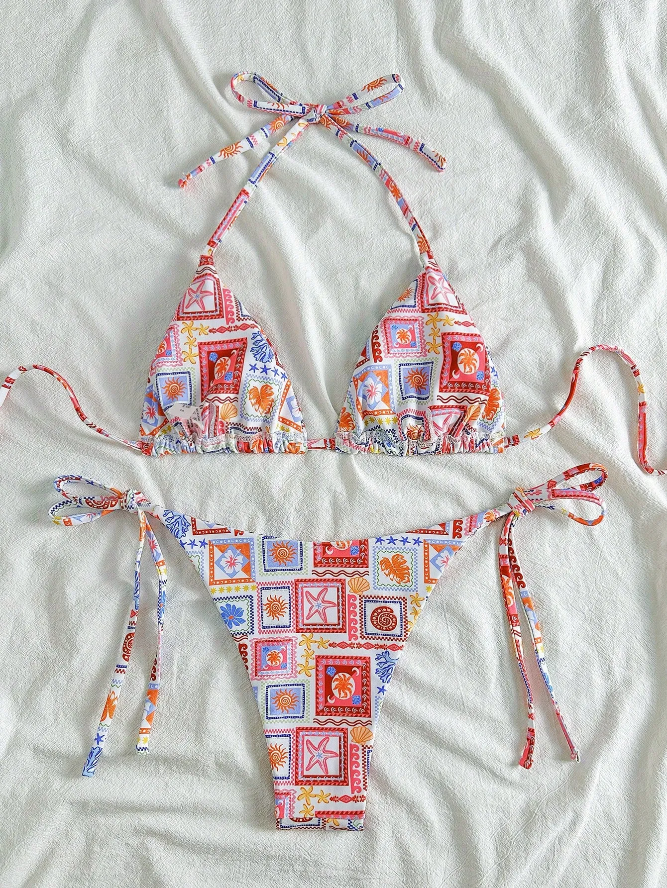 Soleia Conjunto de bikini con nudo adelante, estampado de flores tropicales coloridas y escote en V p - Imagen 2
