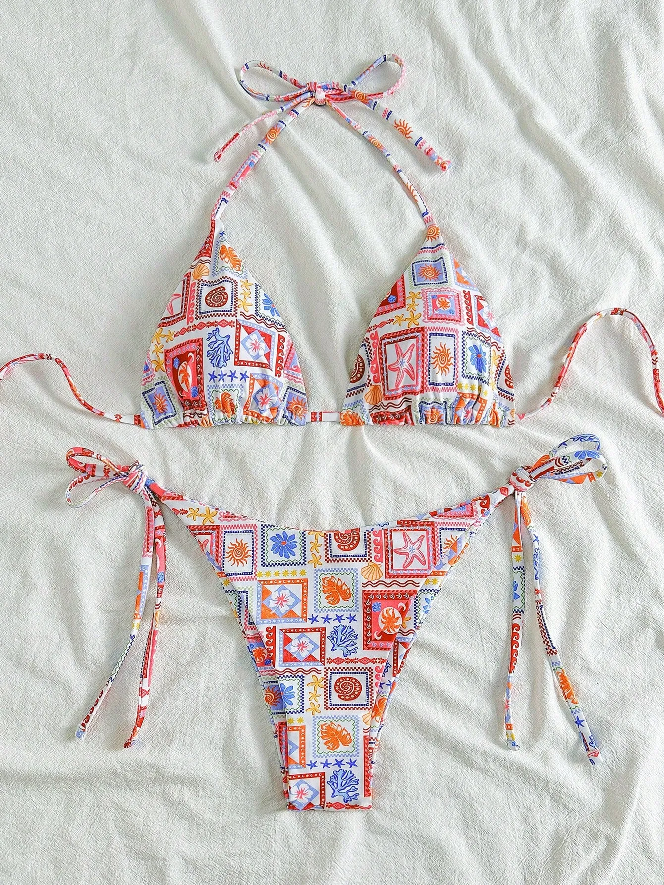 Soleia Conjunto de bikini con nudo adelante, estampado de flores tropicales coloridas y escote en V p - Imagen 3