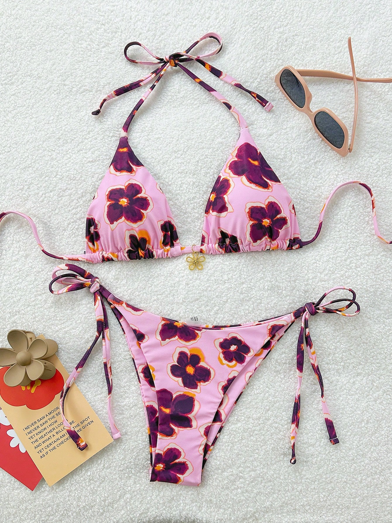 Soleia Set de 2 piezas de bikini con estampado floral y nudo, para vacaciones, para playa de verano - Imagen 2