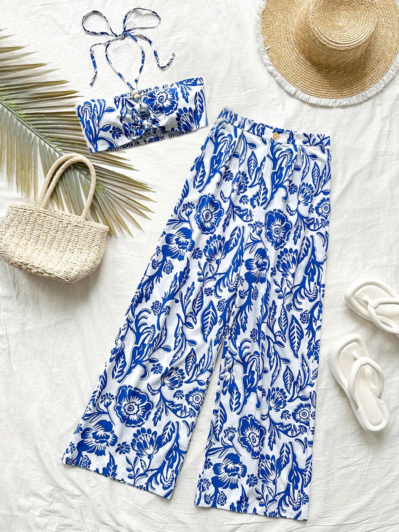 Soleia Set de 2 piezas para mujer con top bata y pantalones de pierna ancha, con estampado azul y blanco en estilo bohemio y de festival de música - Imagen 1